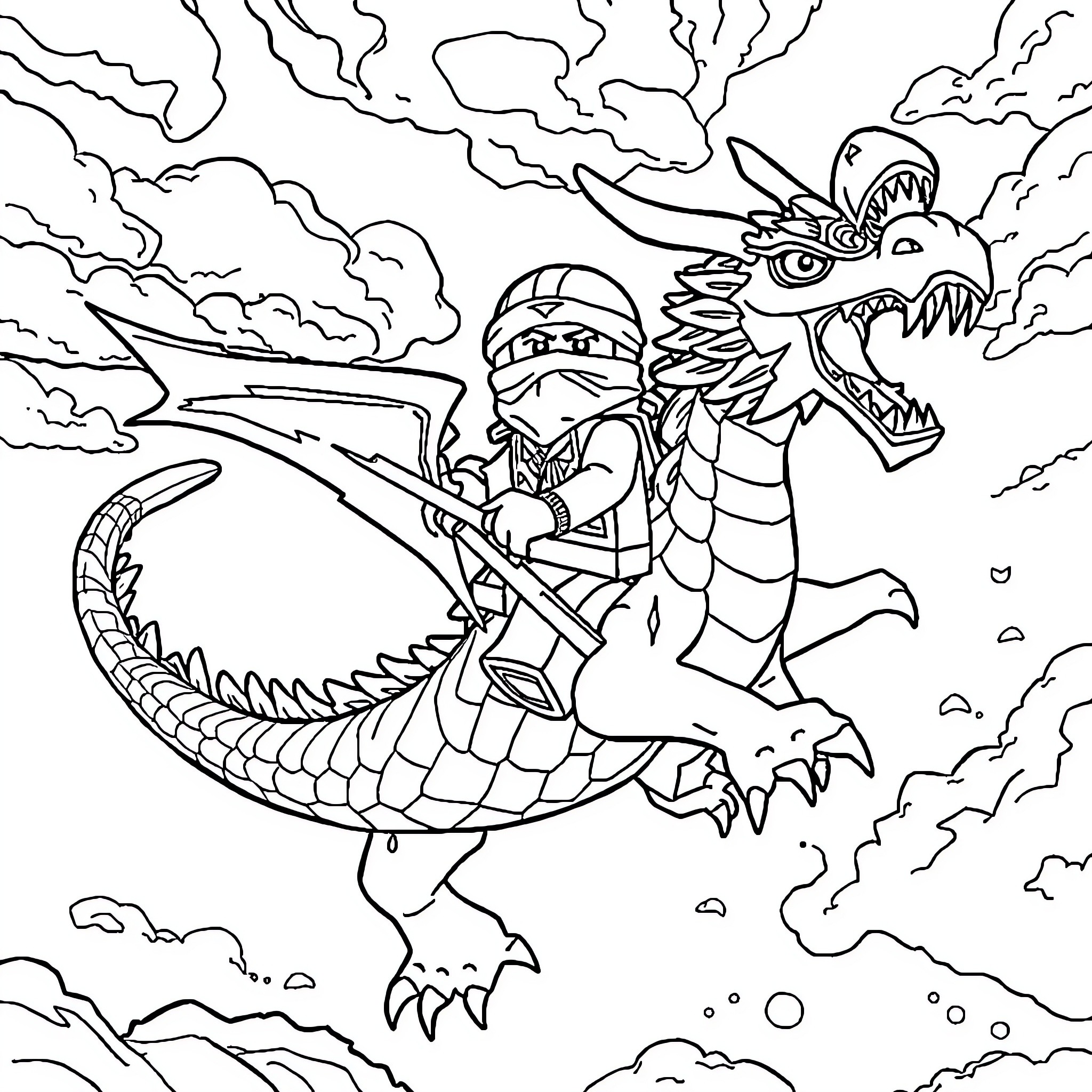 Ninjago ninja riding a fierce dragon through the clouds Coloring Page (free black-and-white line drawing printable PDF for all, from beginners to advanced learners, including children, teens, adults, and seniors)