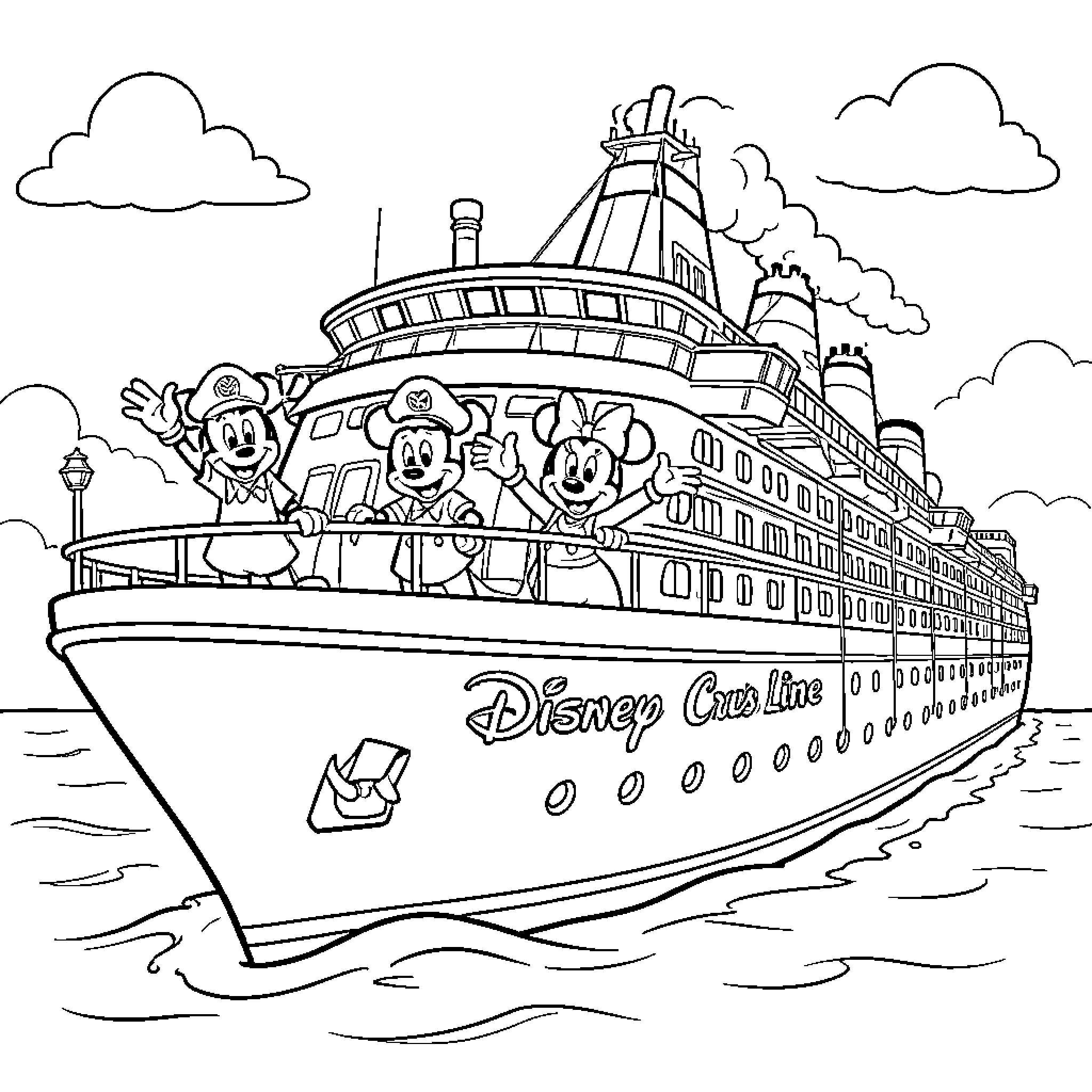 Disney Cruise Ship with Cheerful Characters Coloring Page (free black-and-white line drawing printable PDF for all, from beginners to advanced learners, including children, teens, adults, and seniors)