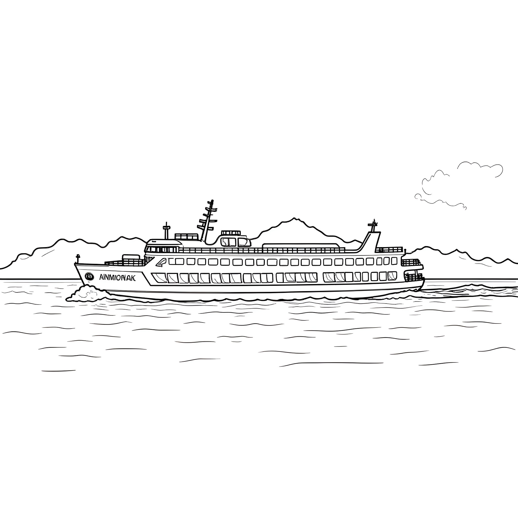 Ferry carrying passengers on the water Coloring Page (free black-and-white line drawing printable PDF for all, from beginners to advanced learners, including children, teens, adults, and seniors)