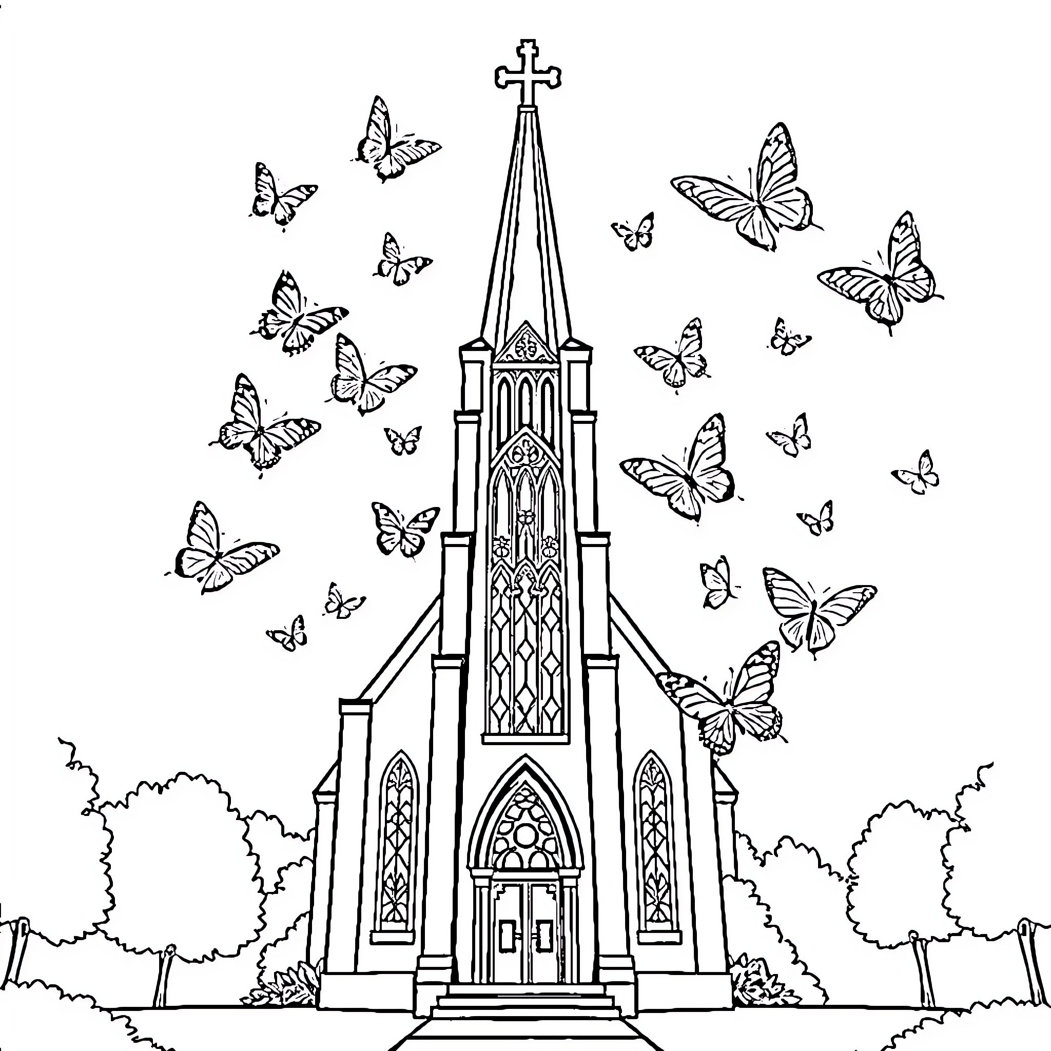 Butterfly Cathedral and Surrounding Butterflies Coloring Page (free black-and-white line drawing printable PDF for all, from beginners to advanced learners, including children, teens, adults, and seniors)