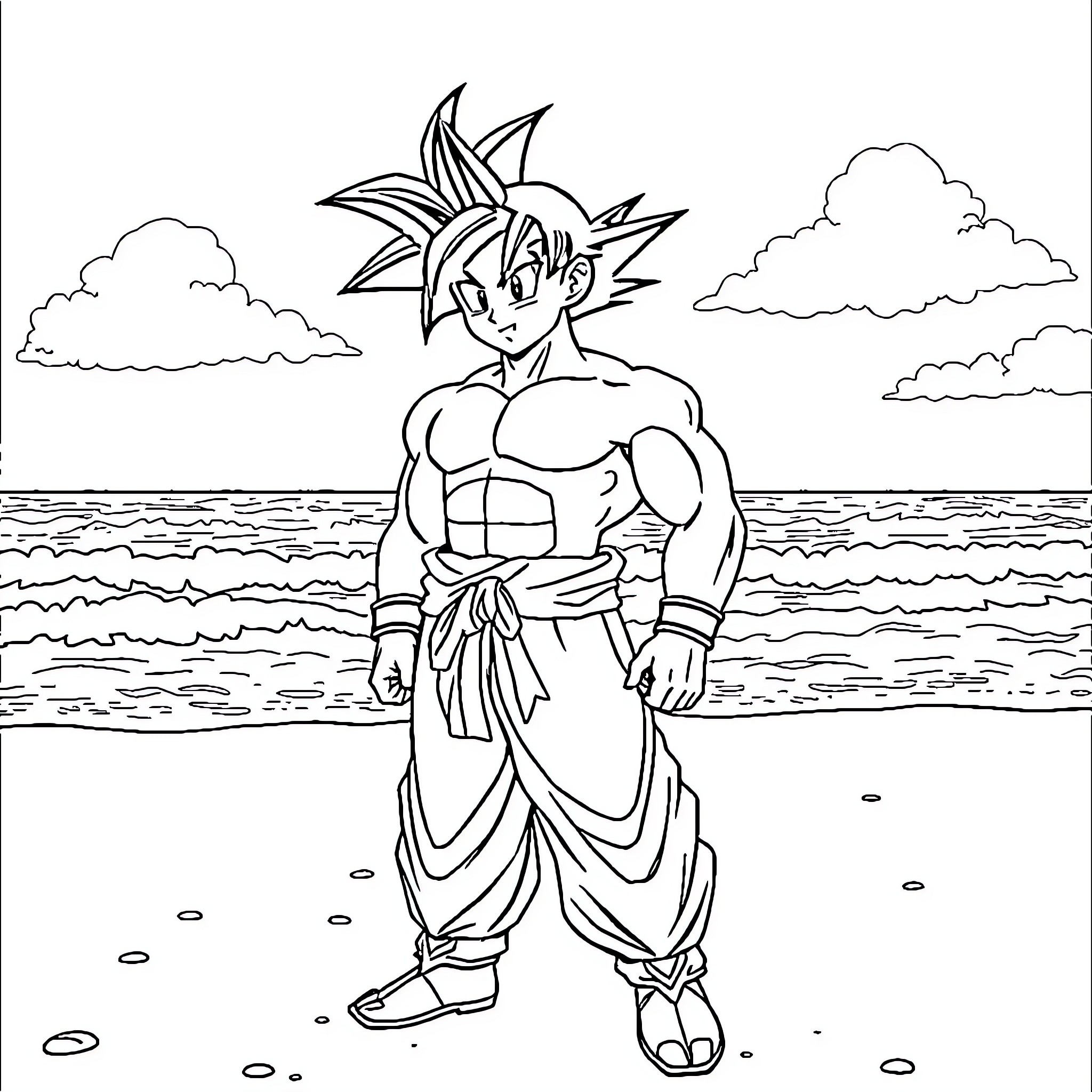 Sangoku's heroic stance on the beach Coloring Page (free black-and-white line drawing printable PDF for all, from beginners to advanced learners, including children, teens, adults, and seniors)