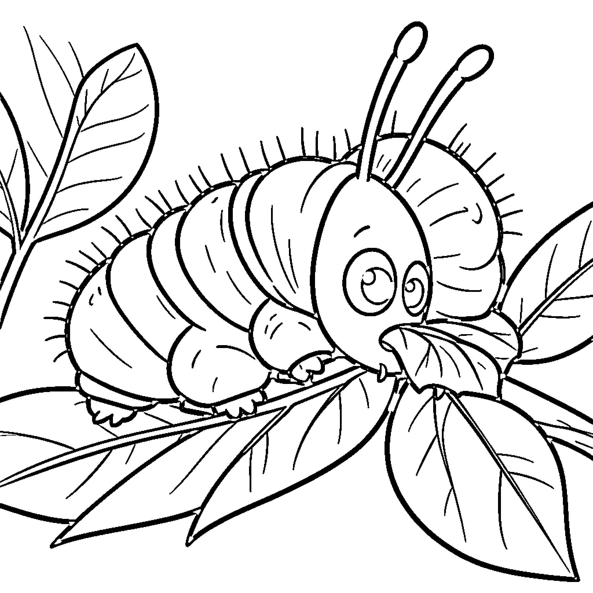 Caterpillar crawling on leafy branch Coloring Page (free black-and-white line drawing printable PDF for all, from beginners to advanced learners, including children, teens, adults, and seniors)