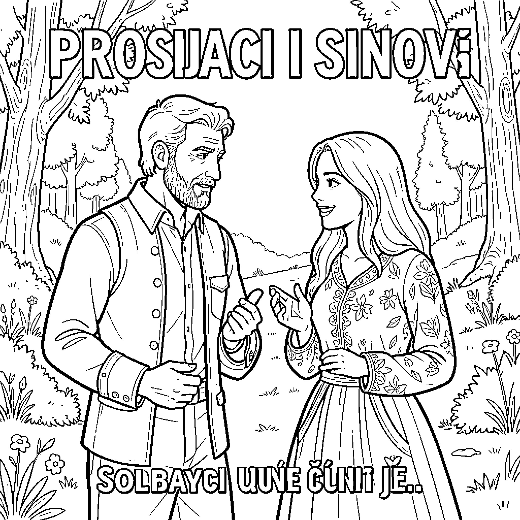 Matan man and woman talking in a forest Coloring Page (free black-and-white line drawing printable PDF for all, from beginners to advanced learners, including children, teens, adults, and seniors)