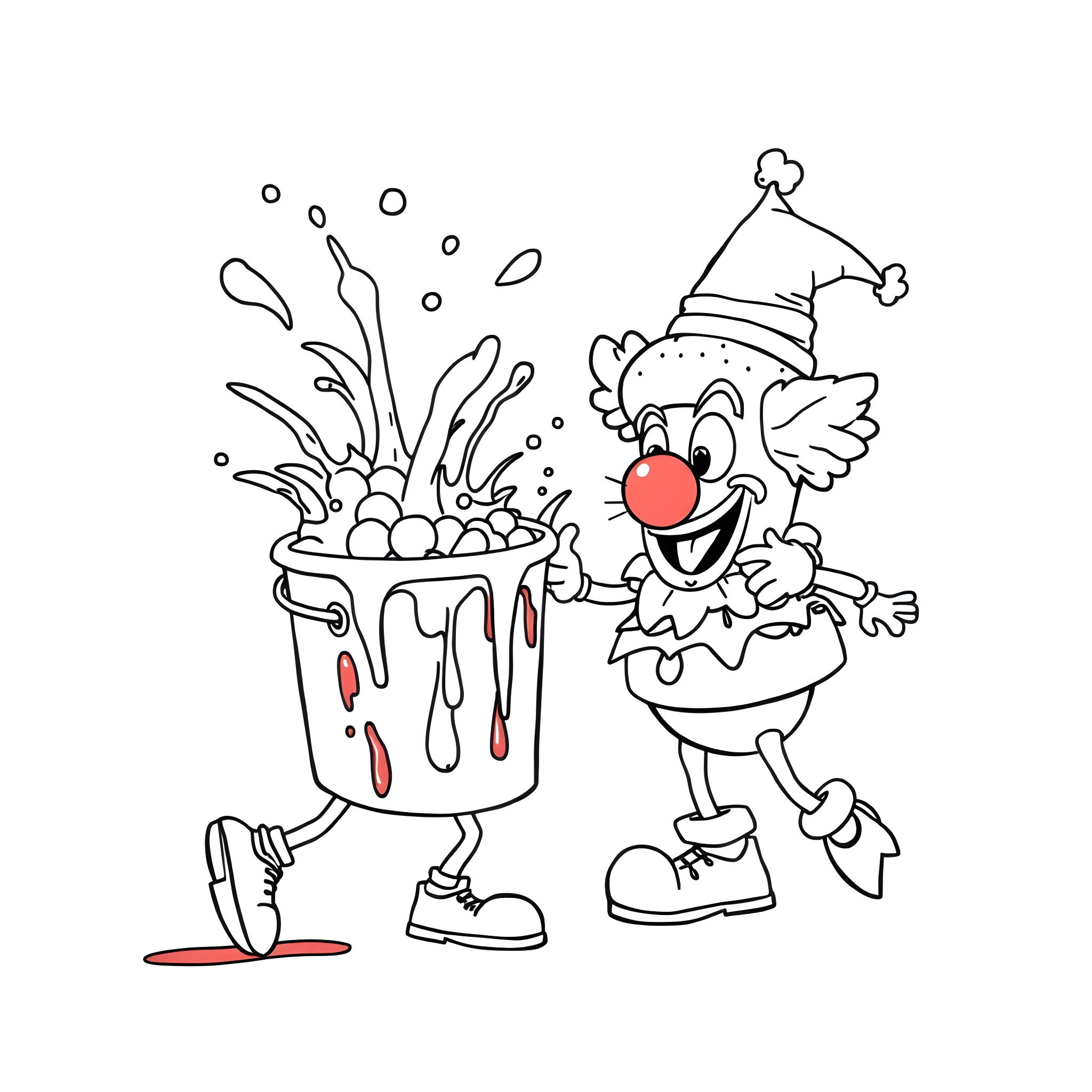 Paint Bucket Clown Splashing Colors Coloring Page (free black-and-white line drawing printable PDF for all, from beginners to advanced learners, including children, teens, adults, and seniors)