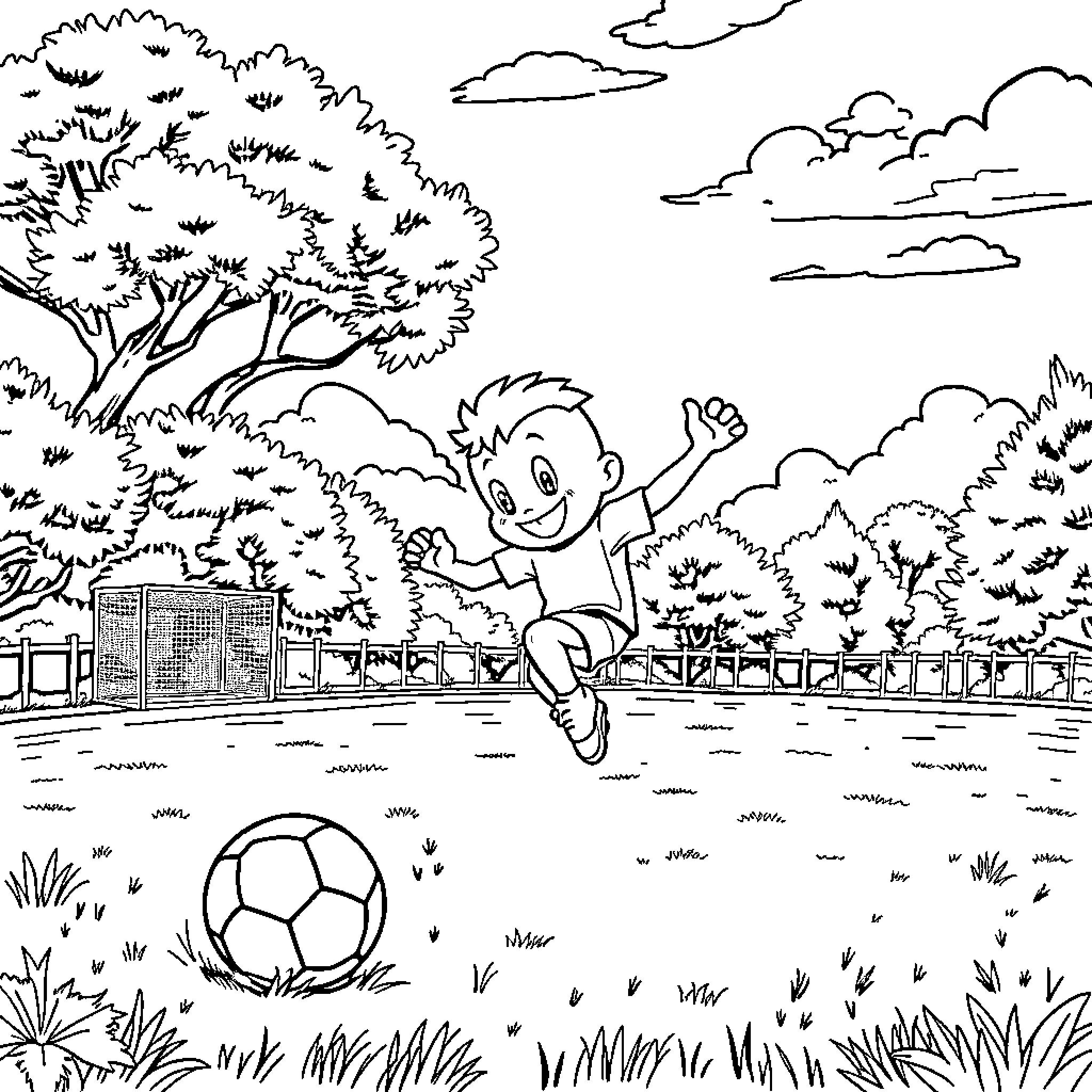 Bluey playing happily with a soccer ball in the park Coloring Page (free black-and-white line drawing printable PDF for all, from beginners to advanced learners, including children, teens, adults, and seniors)