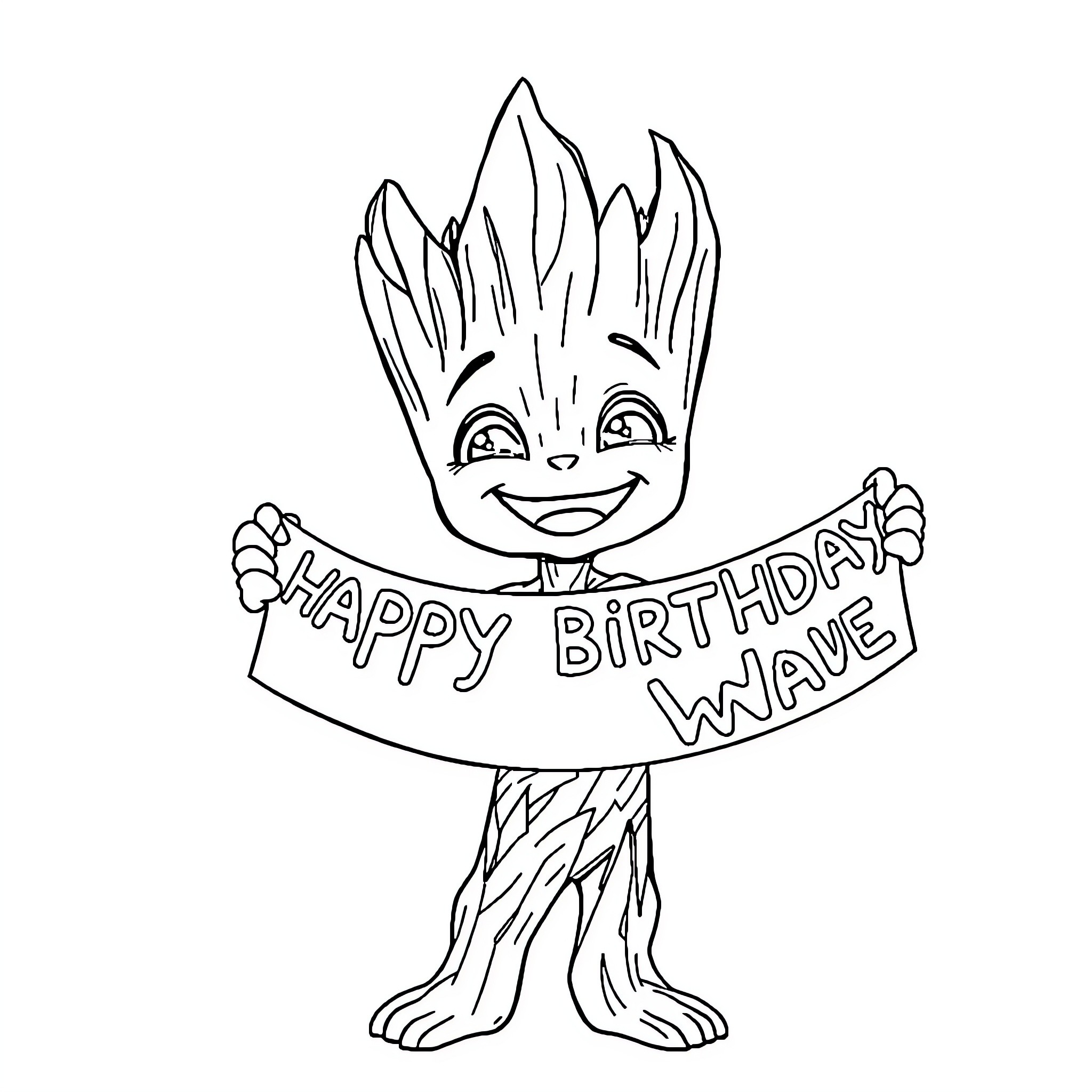 Baby Groot holding a birthday banner Coloring Page (free black-and-white line drawing printable PDF for all, from beginners to advanced learners, including children, teens, adults, and seniors)