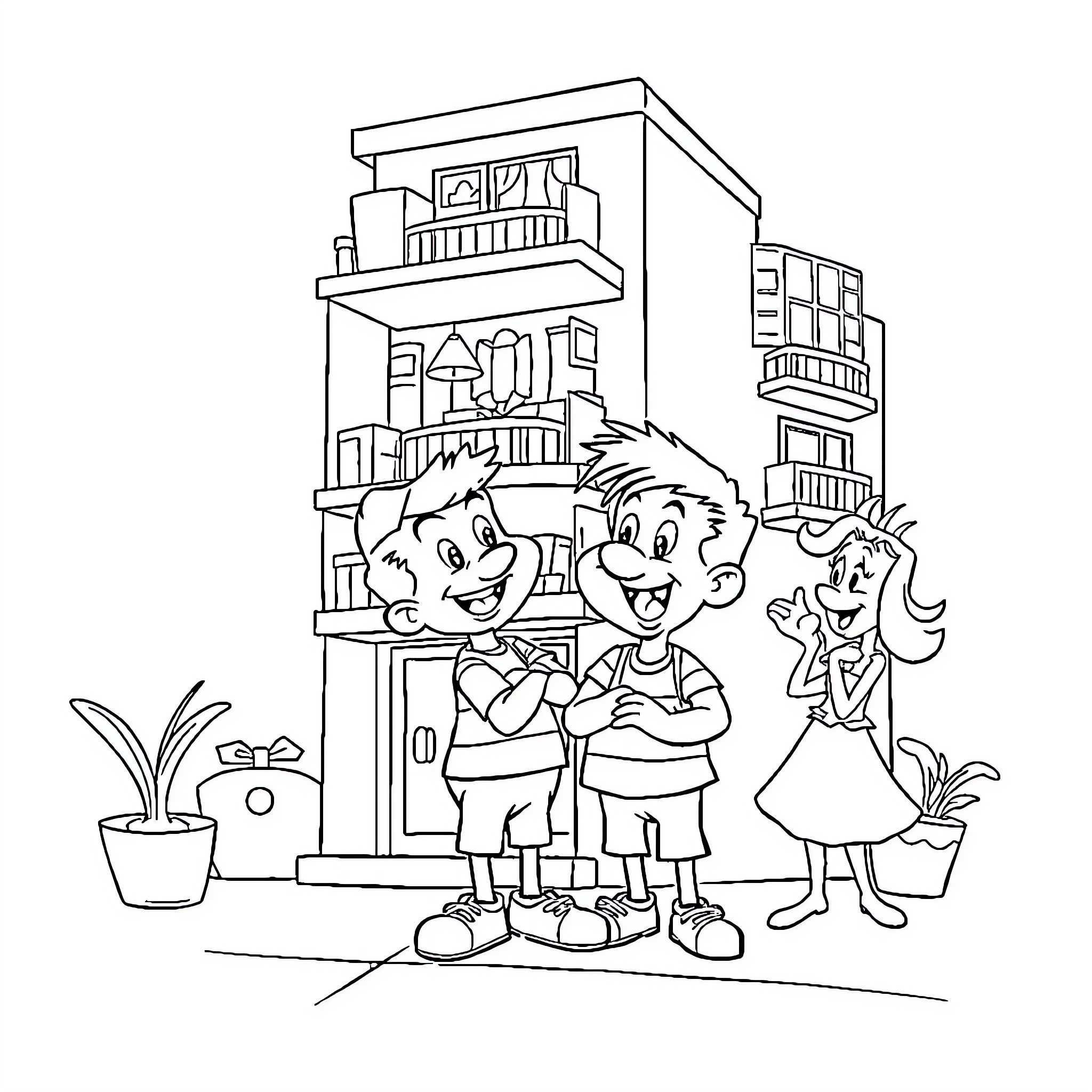 El Chavo and Friends Explore the Neighborhood Coloring Page (free black-and-white line drawing printable PDF for all, from beginners to advanced learners, including children, teens, adults, and seniors)