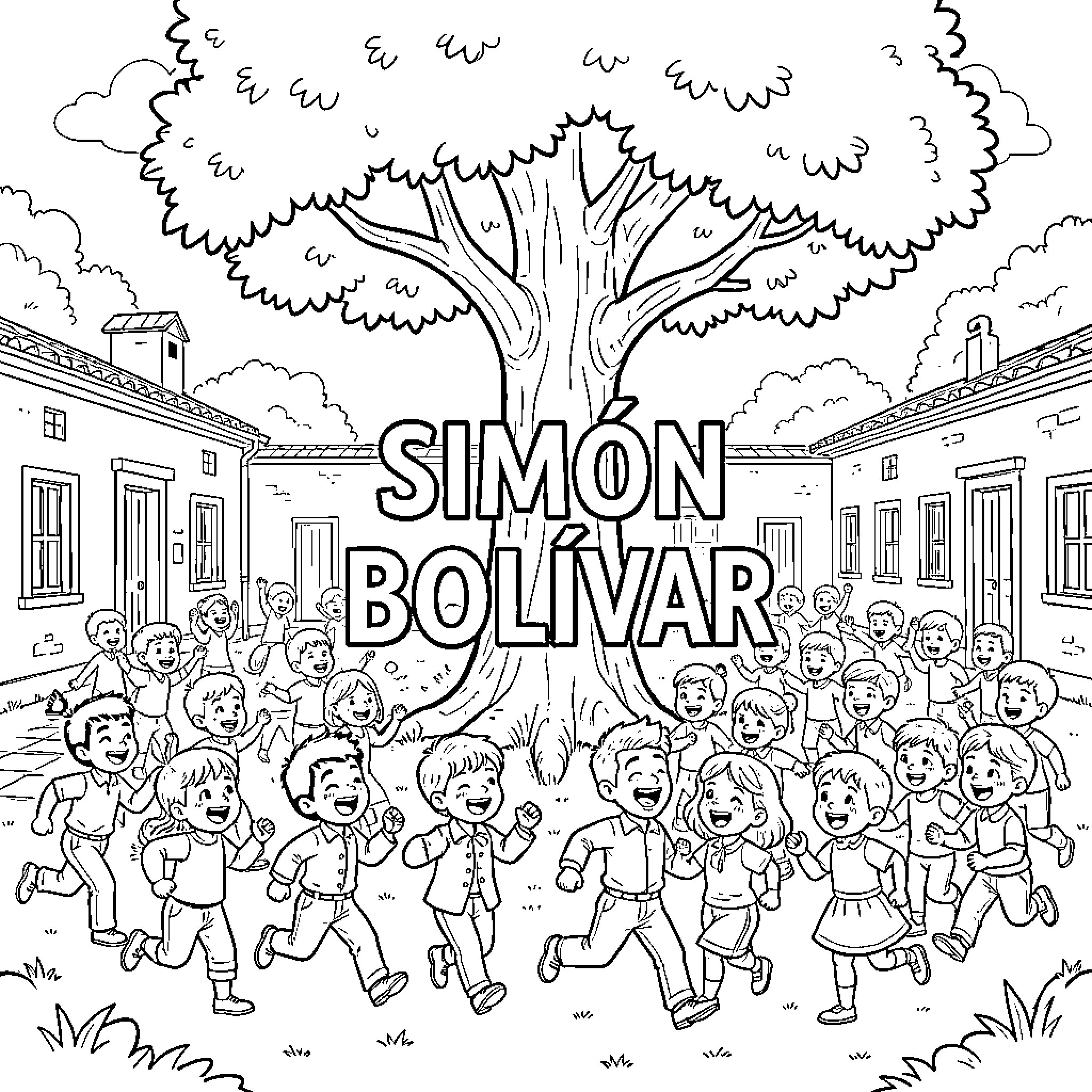 Simón Bolívar name among children playing near a large tree Coloring Page (free black-and-white line drawing printable PDF for all, from beginners to advanced learners, including children, teens, adults, and seniors)