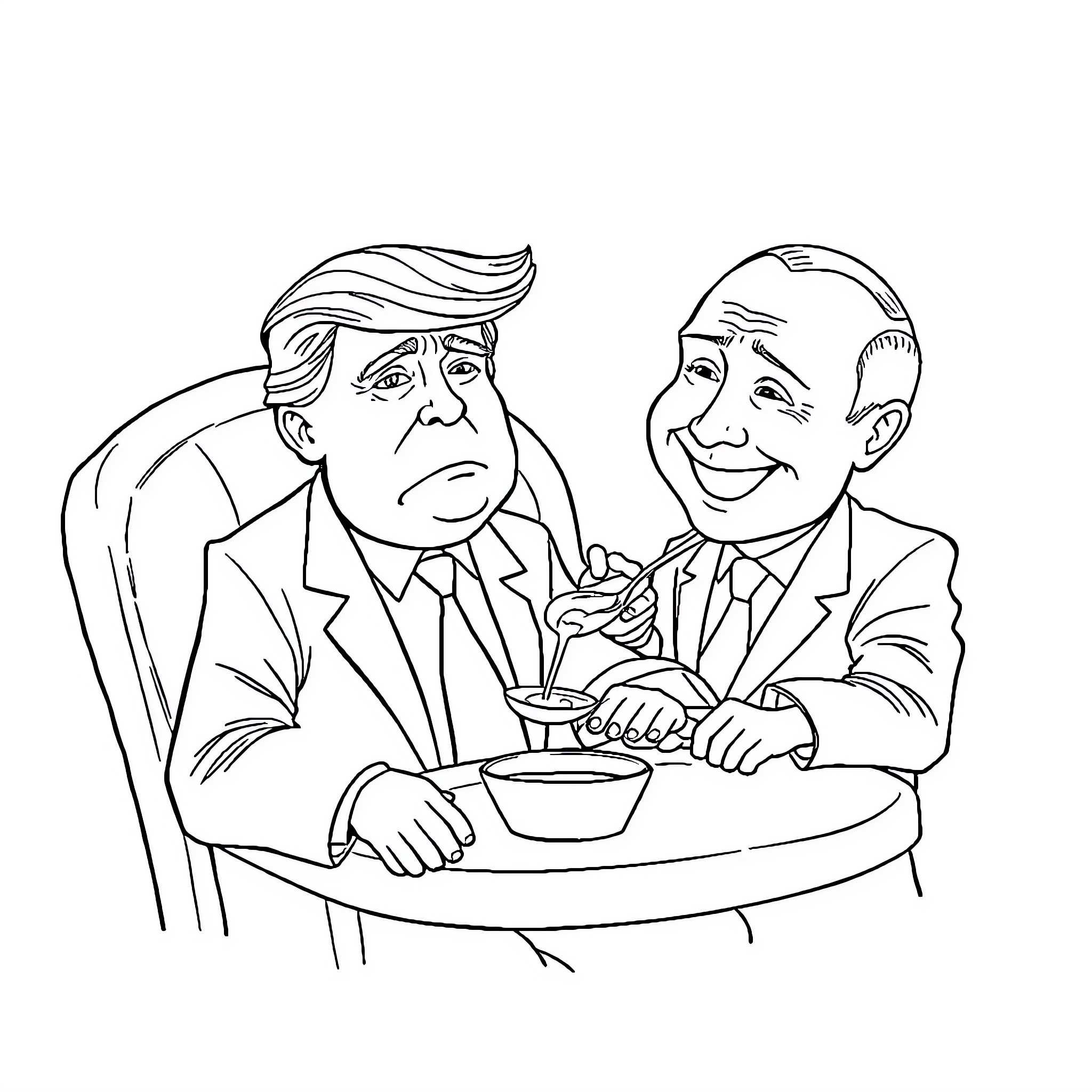 Donald Trump and Barack Obama having a friendly conversation Coloring Page (free black-and-white line drawing printable PDF for all, from beginners to advanced learners, including children, teens, adults, and seniors)