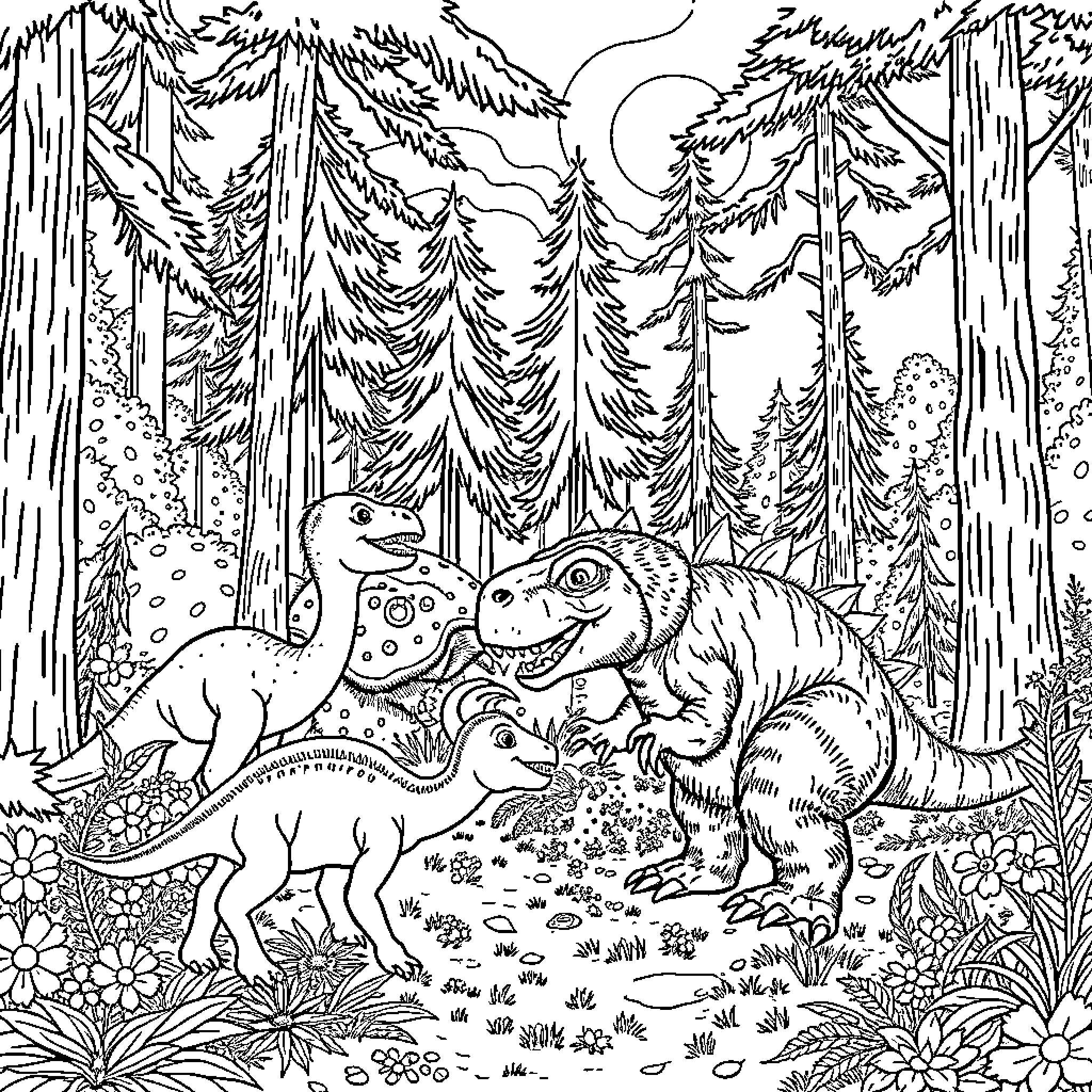 Dinosaurs Frolicking in the Prehistoric Forest Coloring Page (free black-and-white line drawing printable PDF for all, from beginners to advanced learners, including children, teens, adults, and seniors)