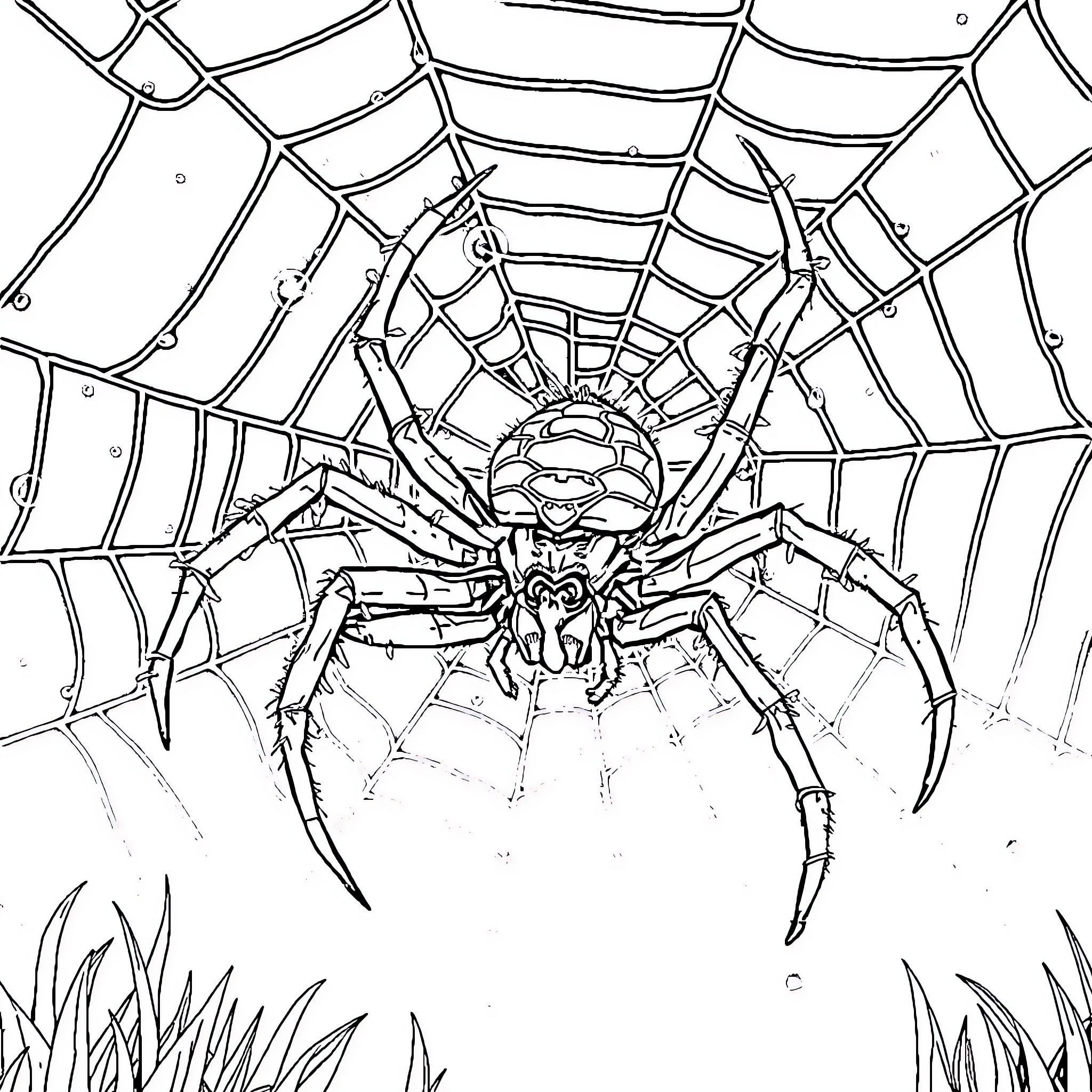 Spider weaving an intricate web Coloring Page (free black-and-white line drawing printable PDF for all, from beginners to advanced learners, including children, teens, adults, and seniors)