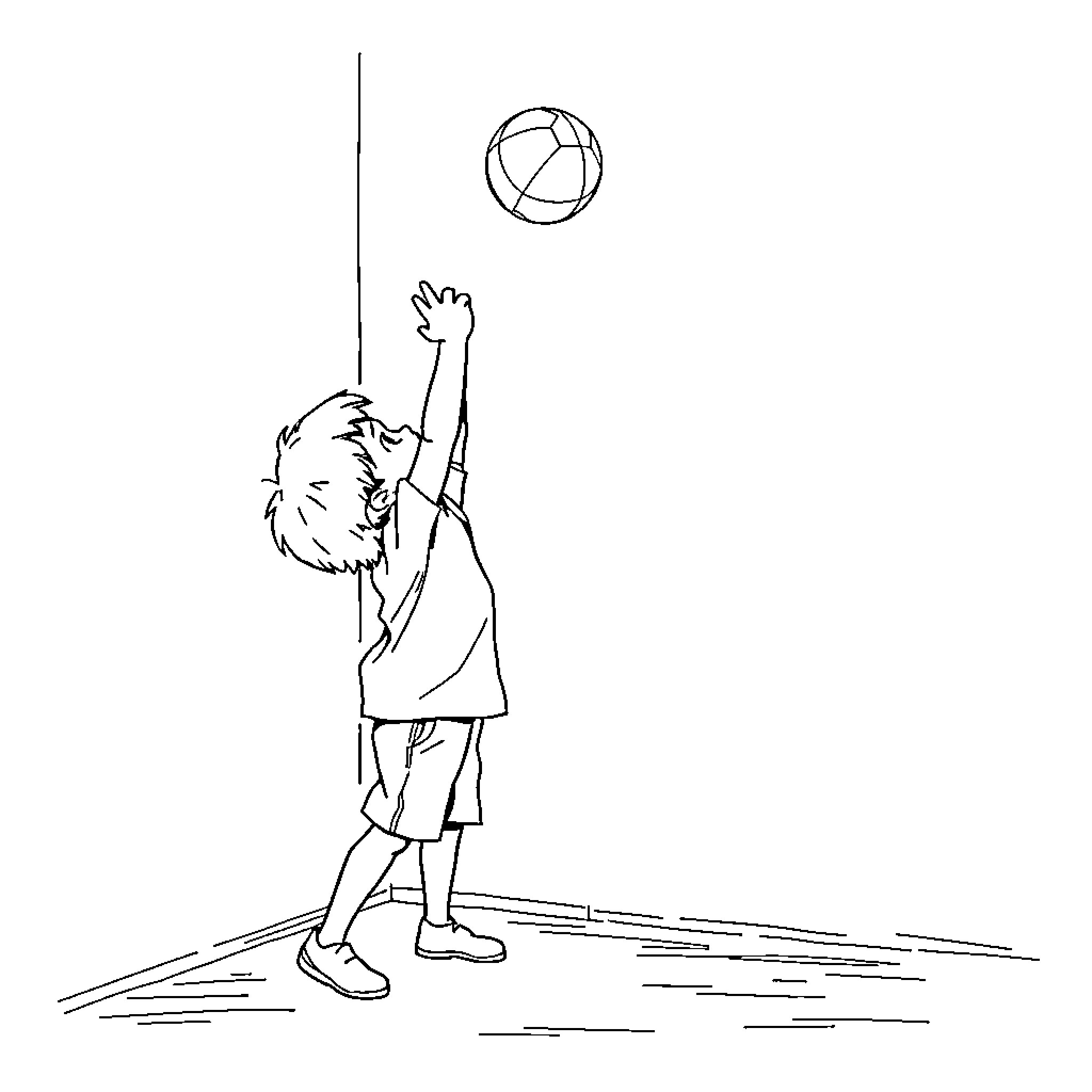 Boy reaching up to kick soccer ball Coloring Page (free black-and-white line drawing printable PDF for all, from beginners to advanced learners, including children, teens, adults, and seniors)