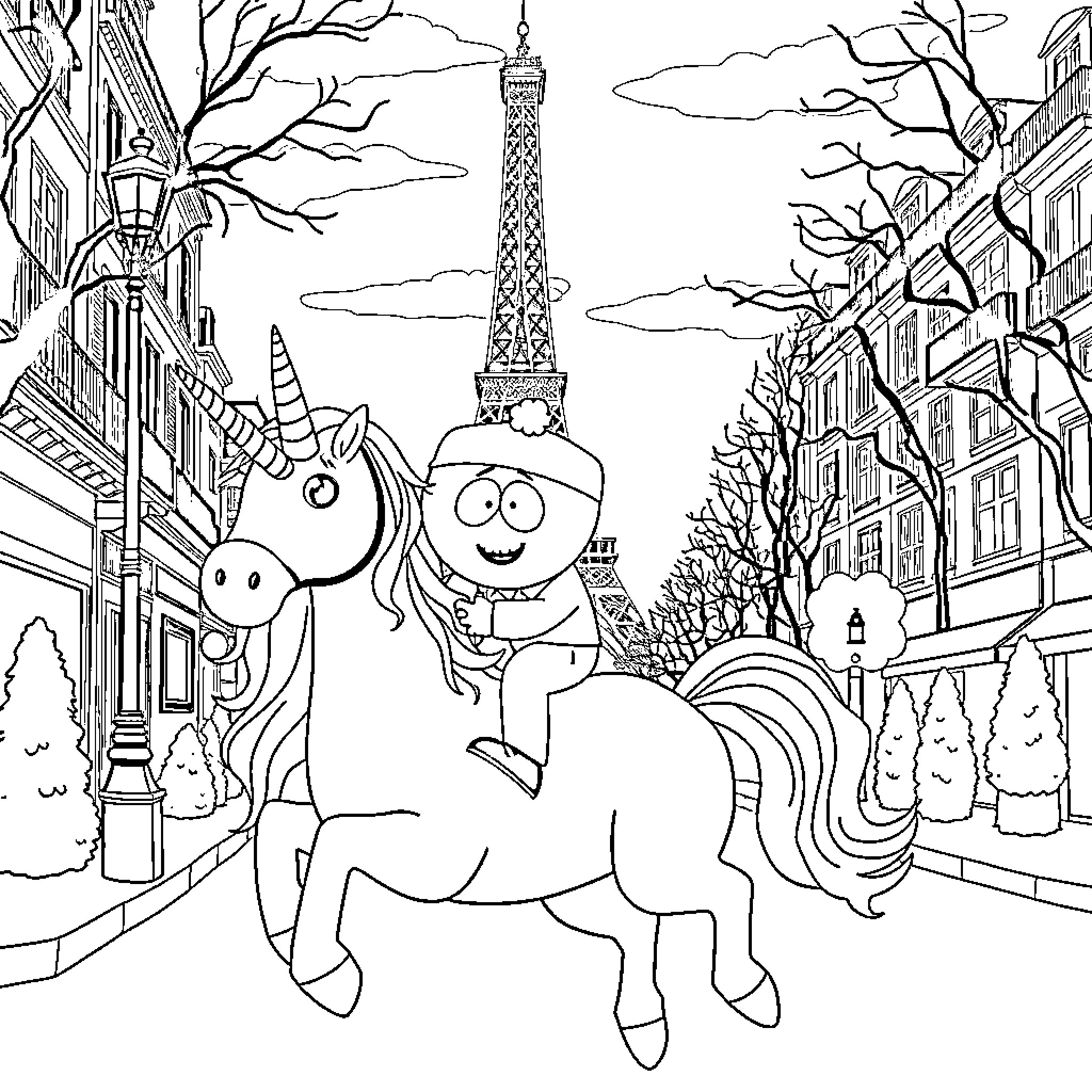 Randy's Whimsical Adventure in Paris Coloring Page (free black-and-white line drawing printable PDF for all, from beginners to advanced learners, including children, teens, adults, and seniors)