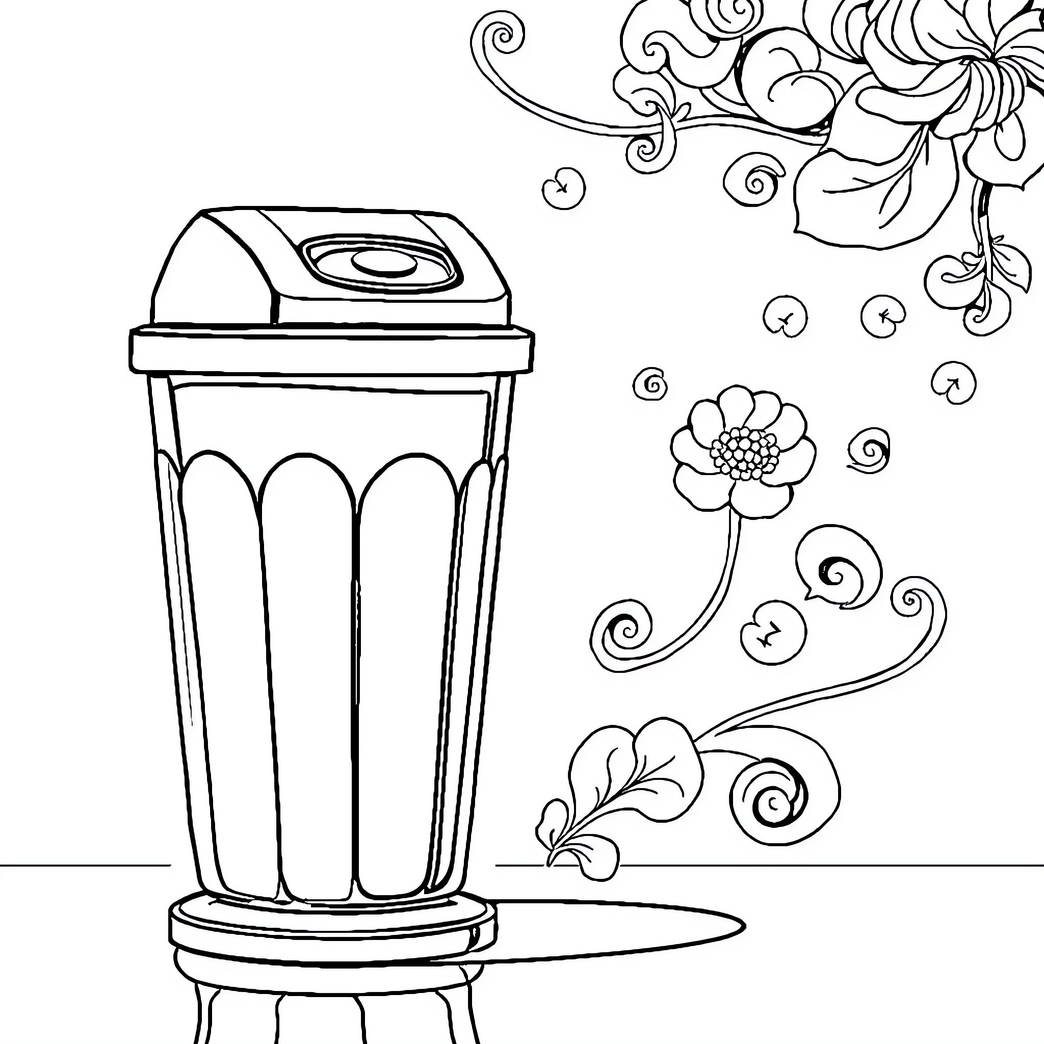 Bateria de lixo com flores decorativas Coloring Page (free black-and-white line drawing printable PDF for all, from beginners to advanced learners, including children, teens, adults, and seniors)