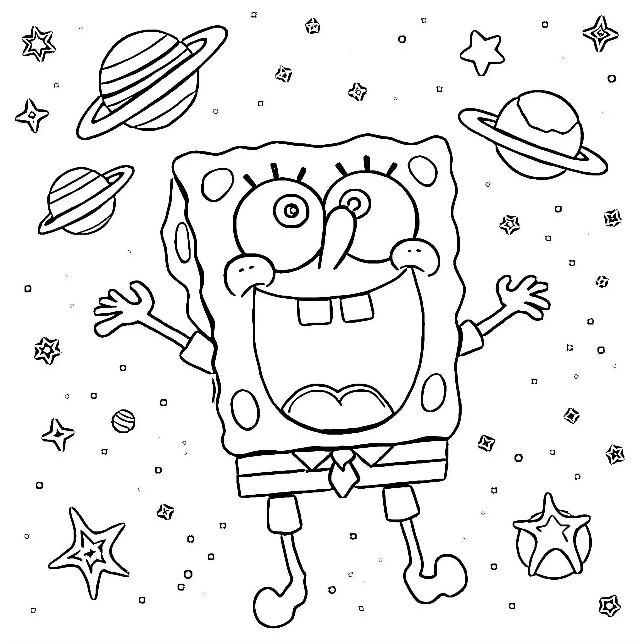 Spongebob's Cosmic Adventure Coloring Page (free black-and-white line drawing printable PDF for all, from beginners to advanced learners, including children, teens, adults, and seniors)