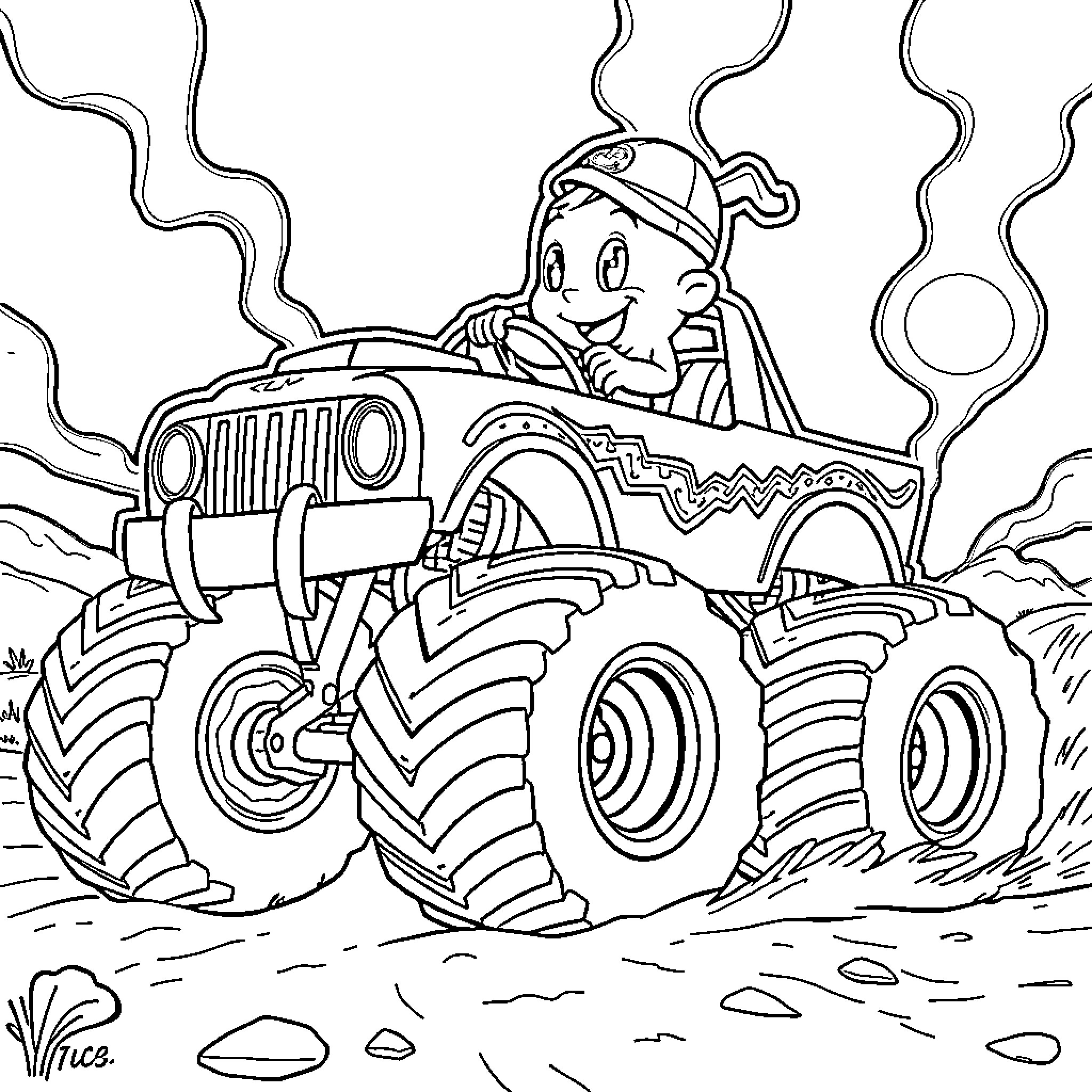 Bluey's Exciting Monster Truck Adventure Coloring Page (free black-and-white line drawing printable PDF for all, from beginners to advanced learners, including children, teens, adults, and seniors)