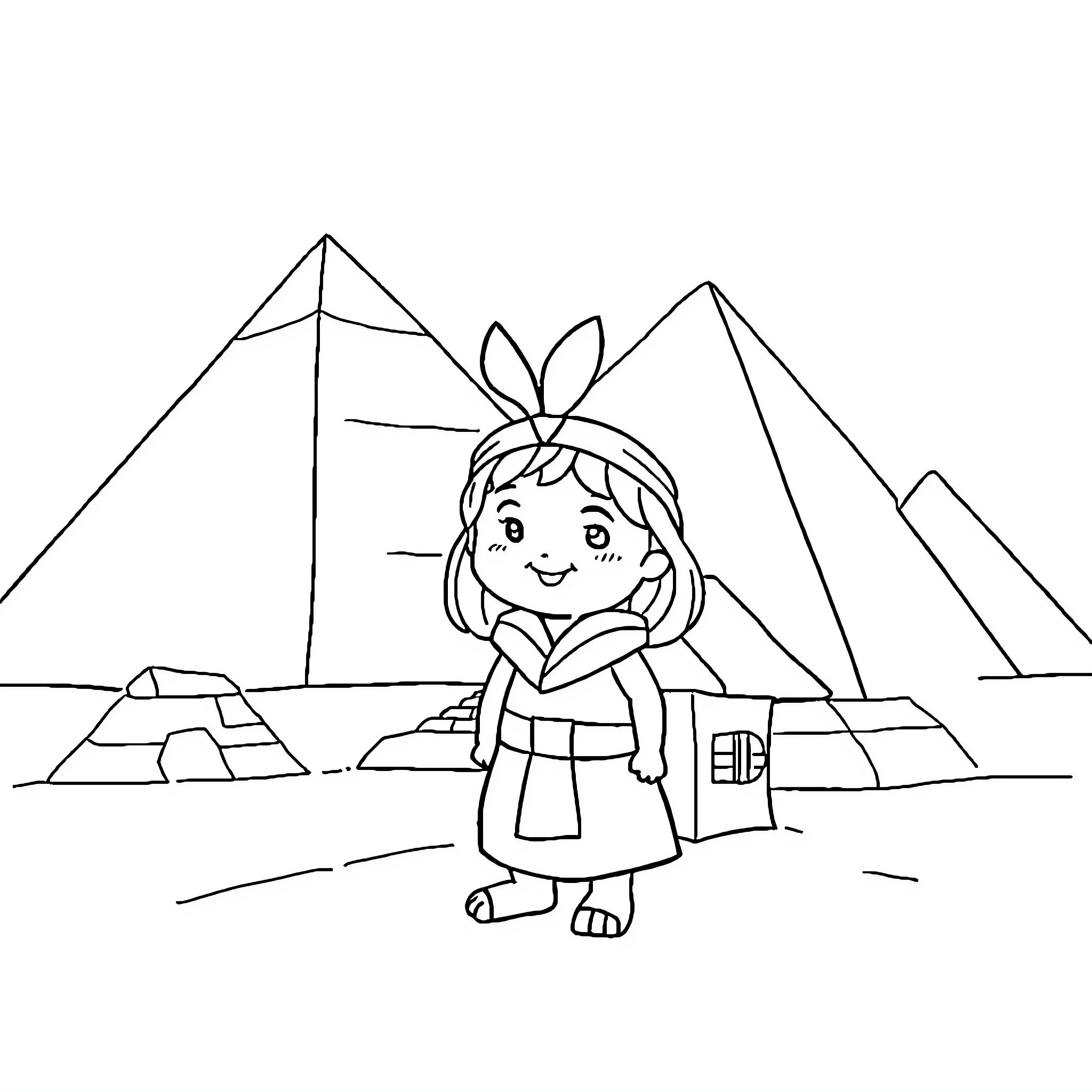 Seal girl exploring ancient pyramids Coloring Page (free black-and-white line drawing printable PDF for all, from beginners to advanced learners, including children, teens, adults, and seniors)