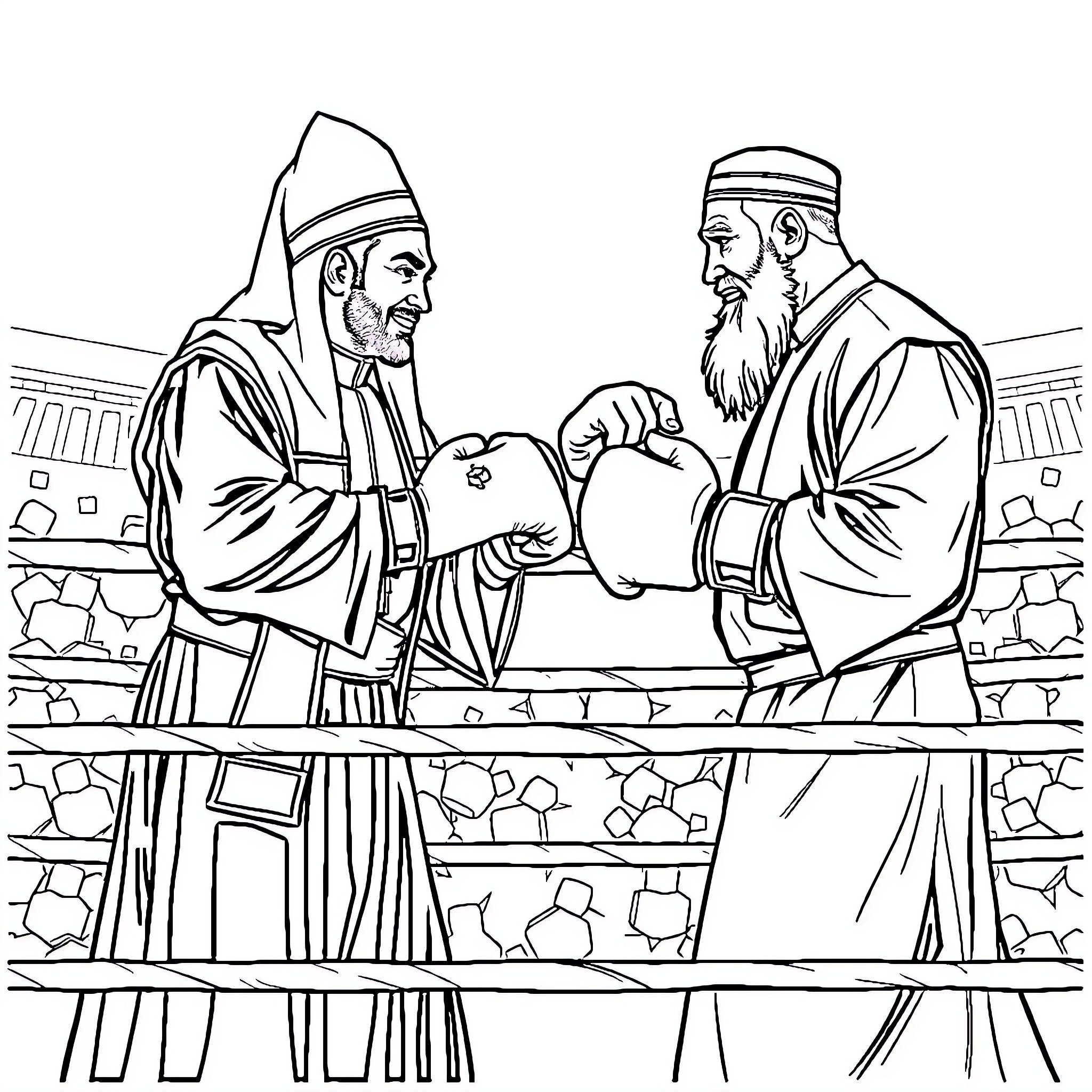 Priests engaged in religious discussion or debate Coloring Page (free black-and-white line drawing printable PDF for all, from beginners to advanced learners, including children, teens, adults, and seniors)