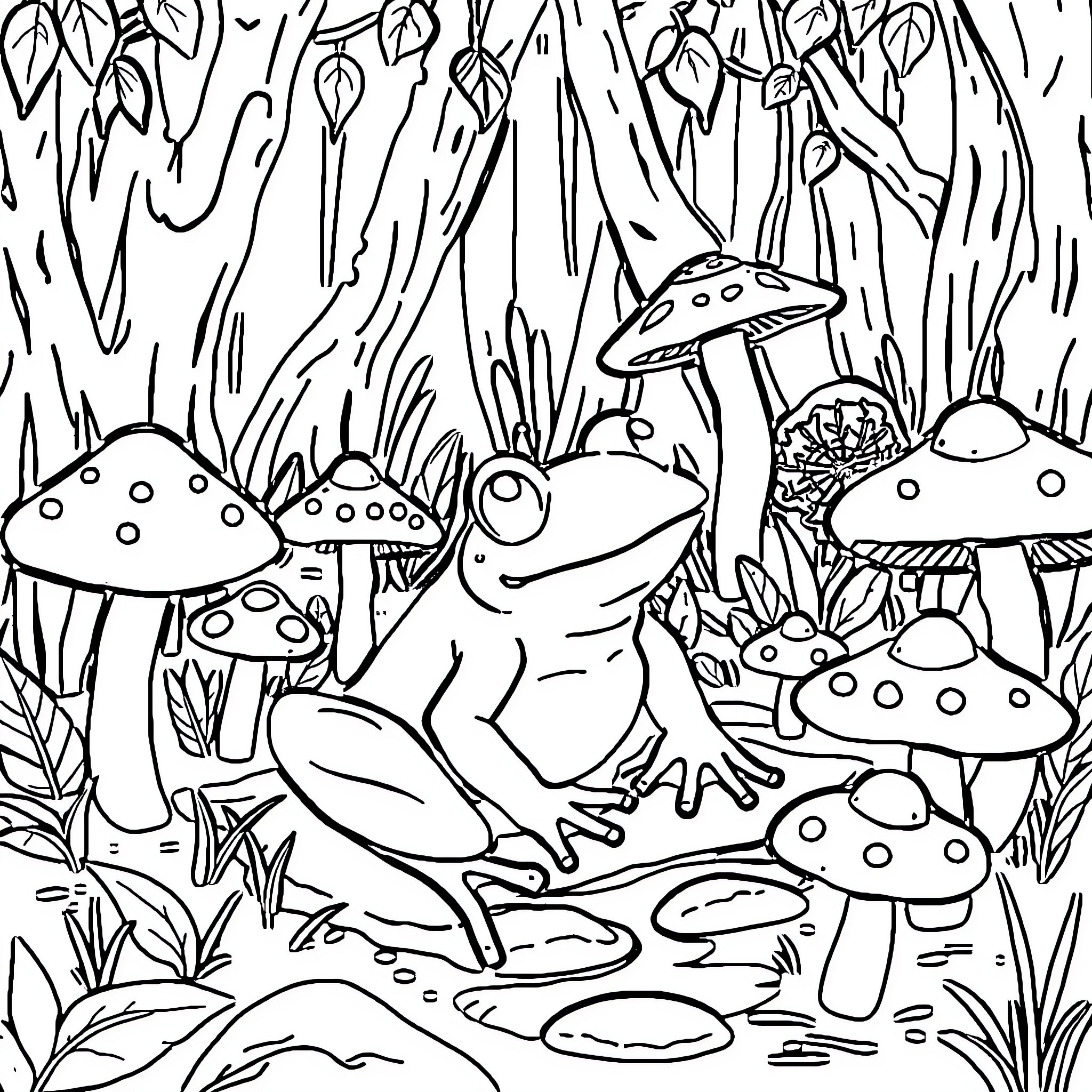 Frog resting in a mystical mushroom forest Coloring Page (free black-and-white line drawing printable PDF for all, from beginners to advanced learners, including children, teens, adults, and seniors)