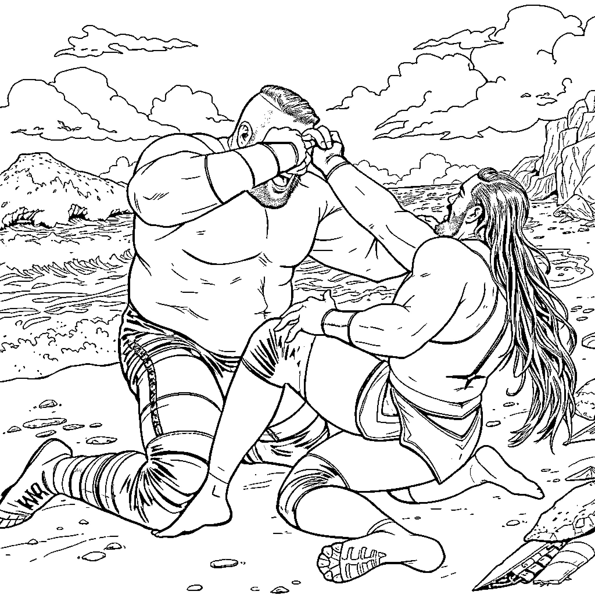 Brock Lesnar engaged in intense combat with female warrior in rugged outdoor setting Coloring Page (free black-and-white line drawing printable PDF for all, from beginners to advanced learners, including children, teens, adults, and seniors)