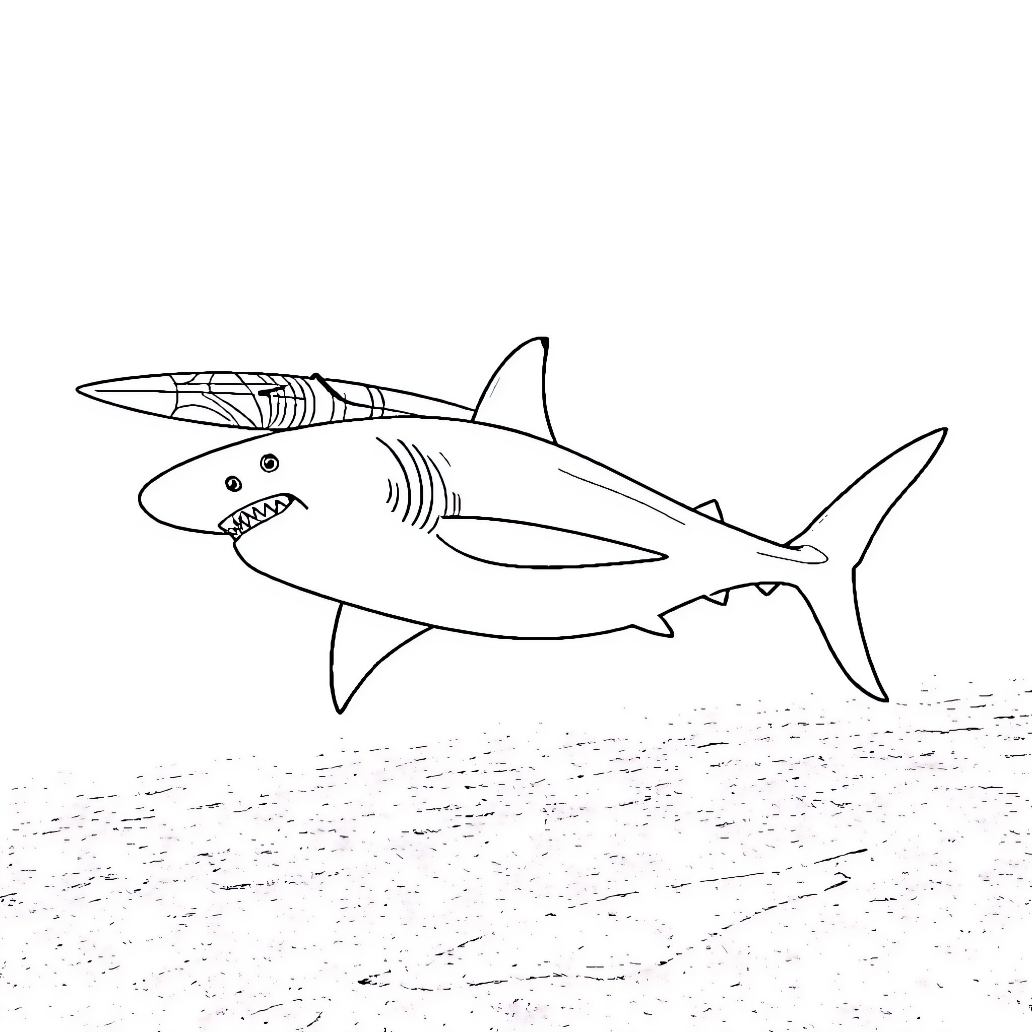 Surfboard-shaped shark swimming in the ocean Coloring Page (free black-and-white line drawing printable PDF for all, from beginners to advanced learners, including children, teens, adults, and seniors)