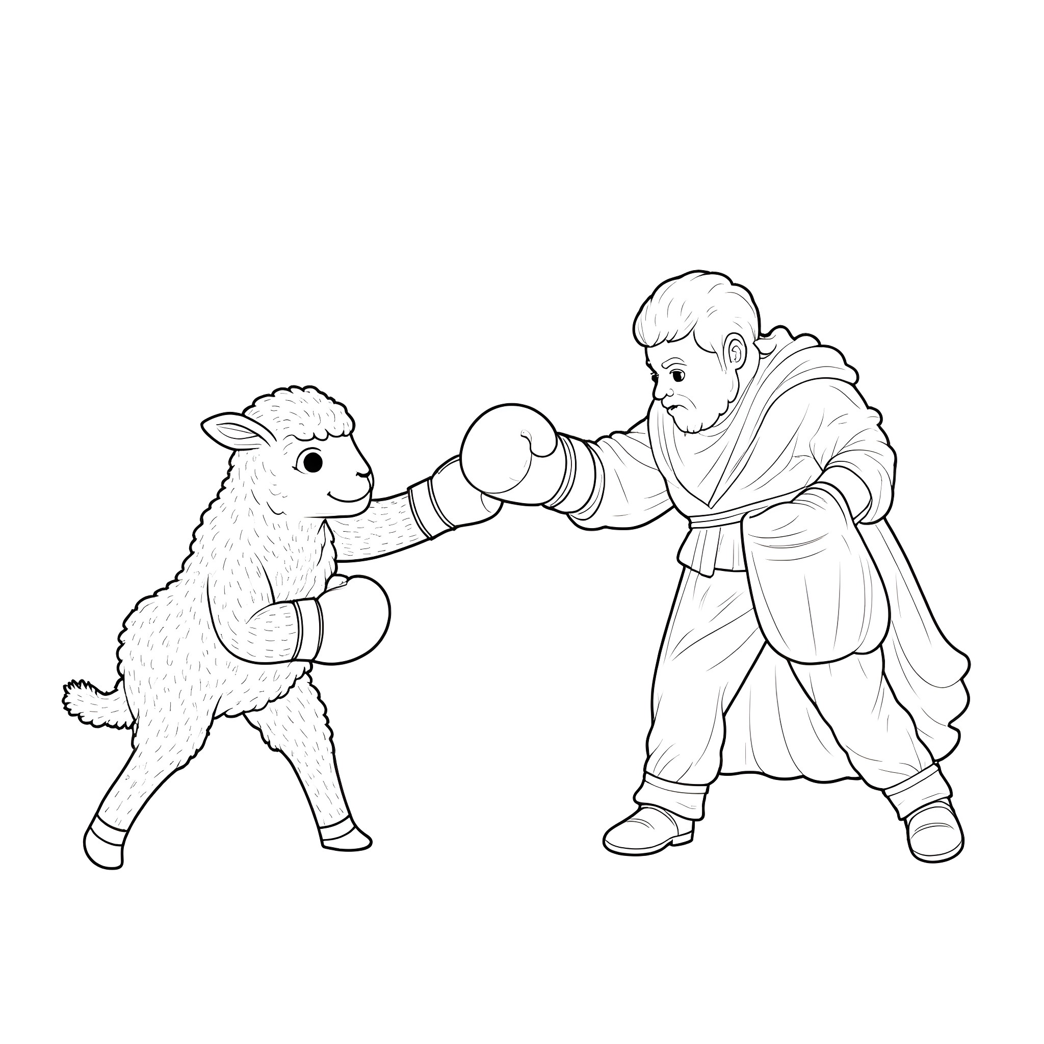 Lamb playing playfully with a shepherd Coloring Page (free black-and-white line drawing printable PDF for all, from beginners to advanced learners, including children, teens, adults, and seniors)