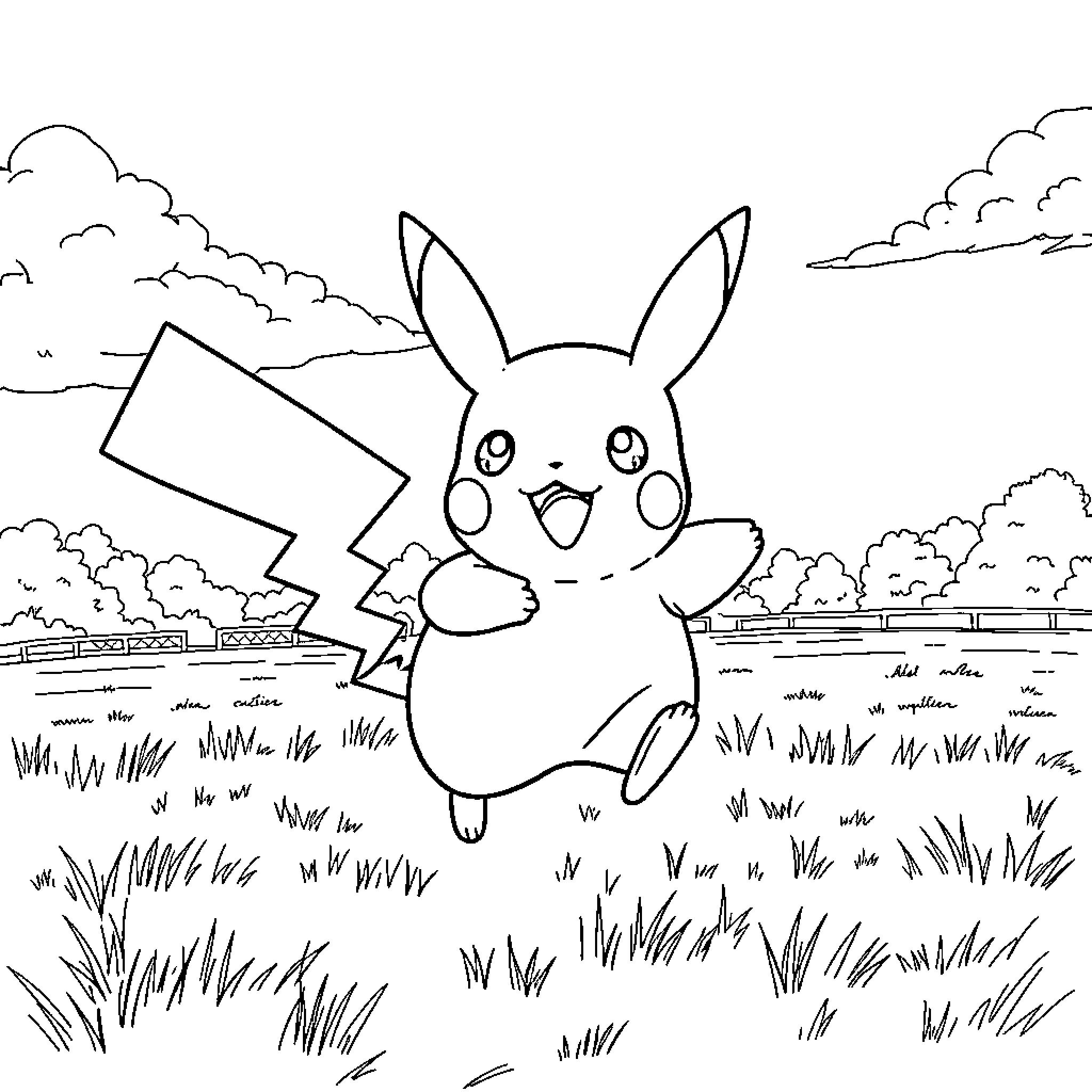 Pikachu running joyfully in the field Coloring Page (free black-and-white line drawing printable PDF for all, from beginners to advanced learners, including children, teens, adults, and seniors)