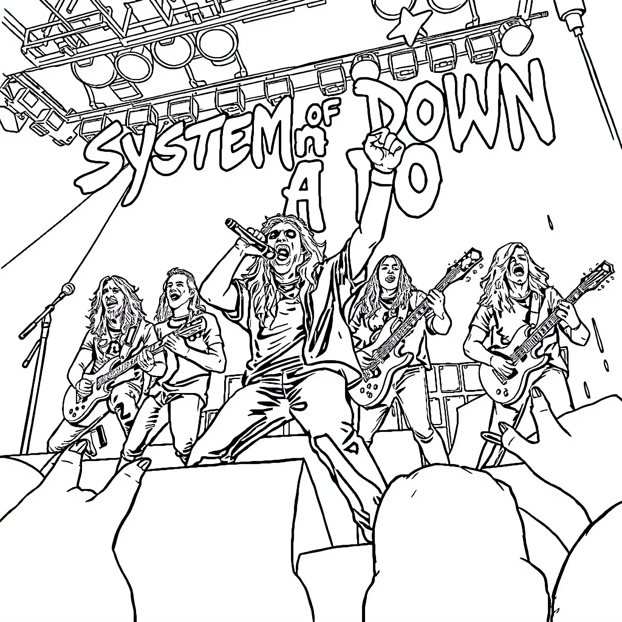 System of a Down Live Performance Coloring Page (free black-and-white line drawing printable PDF for all, from beginners to advanced learners, including children, teens, adults, and seniors)