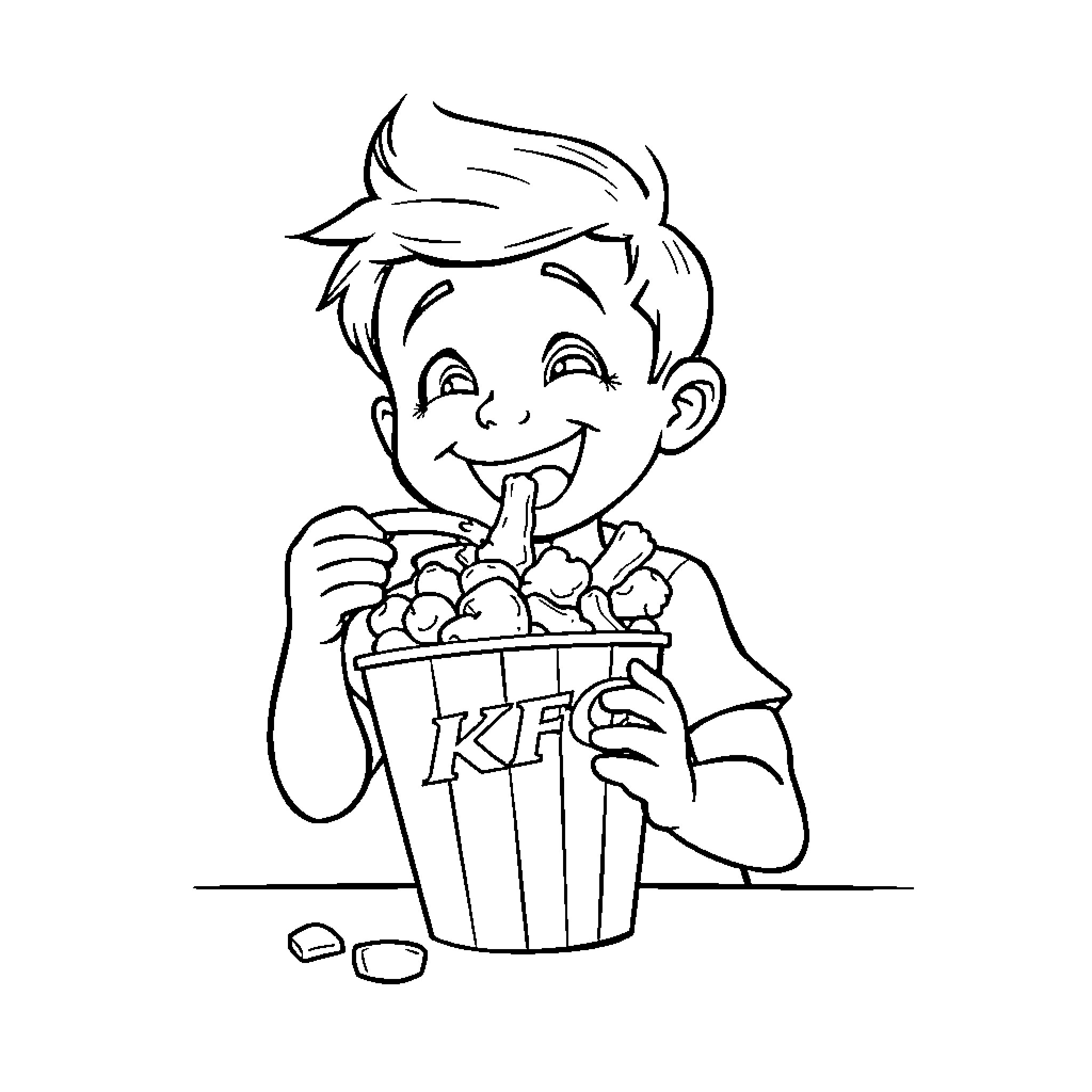 Boy enjoying a snack of popcorn Coloring Page (free black-and-white line drawing printable PDF for all, from beginners to advanced learners, including children, teens, adults, and seniors)