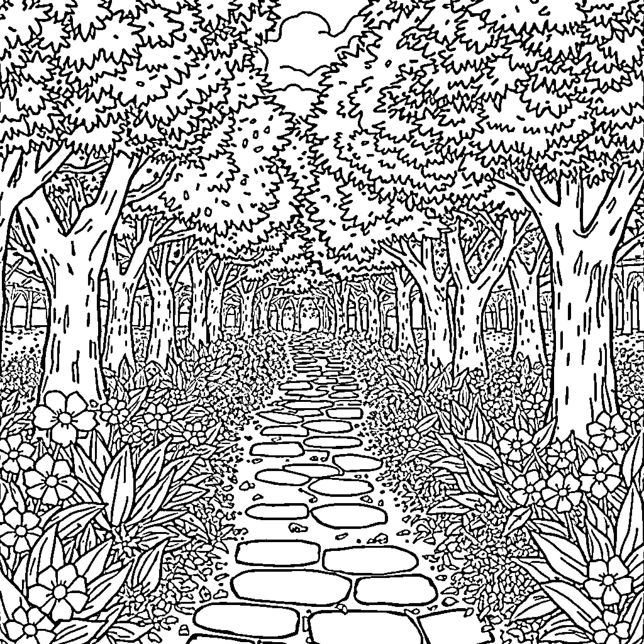 Hushy Outdoor Sanctuary Sketch Coloring Page (free black-and-white line drawing printable PDF for all, from beginners to advanced learners, including children, teens, adults, and seniors)