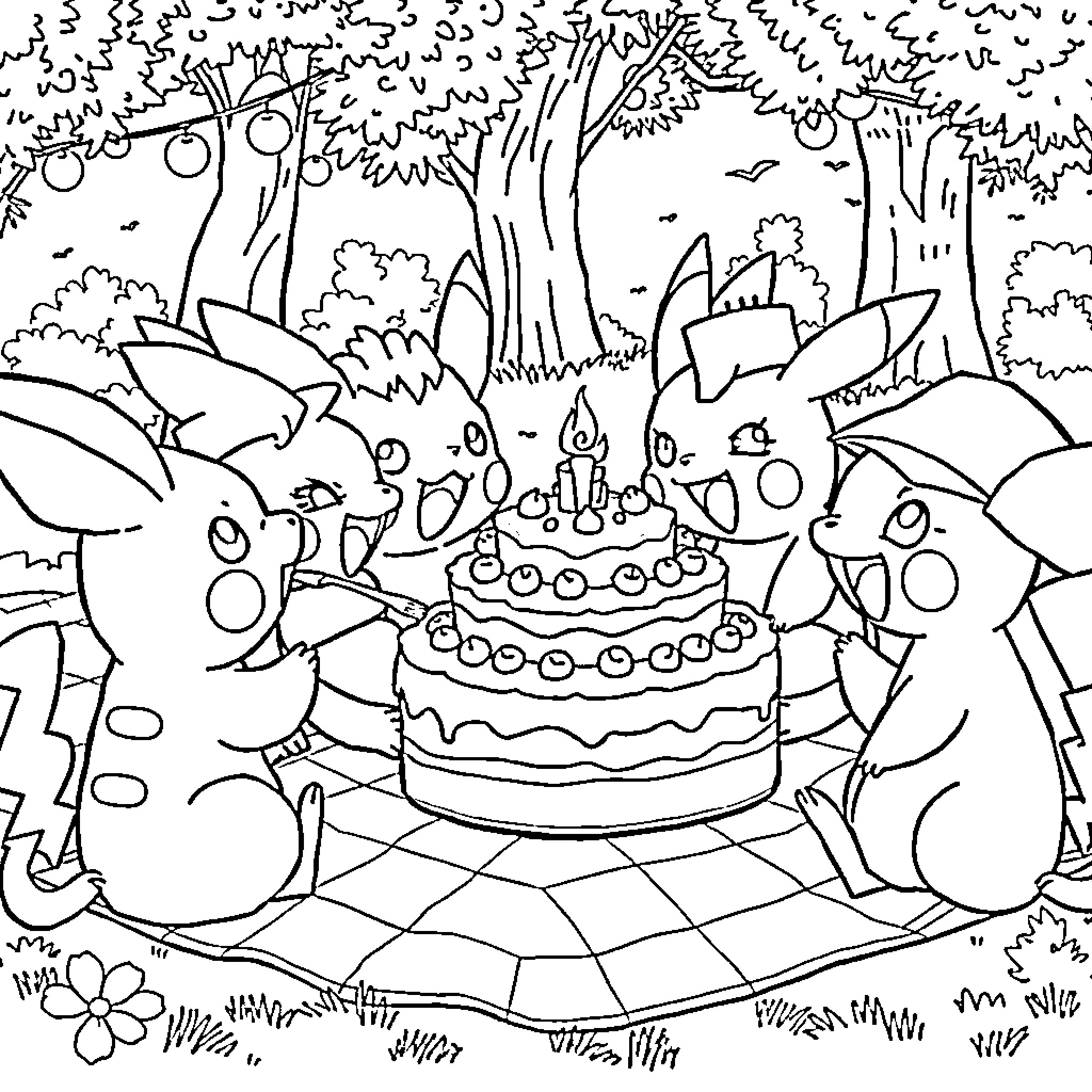 Pokémon characters celebrating a birthday party Coloring Page (free black-and-white line drawing printable PDF for all, from beginners to advanced learners, including children, teens, adults, and seniors)