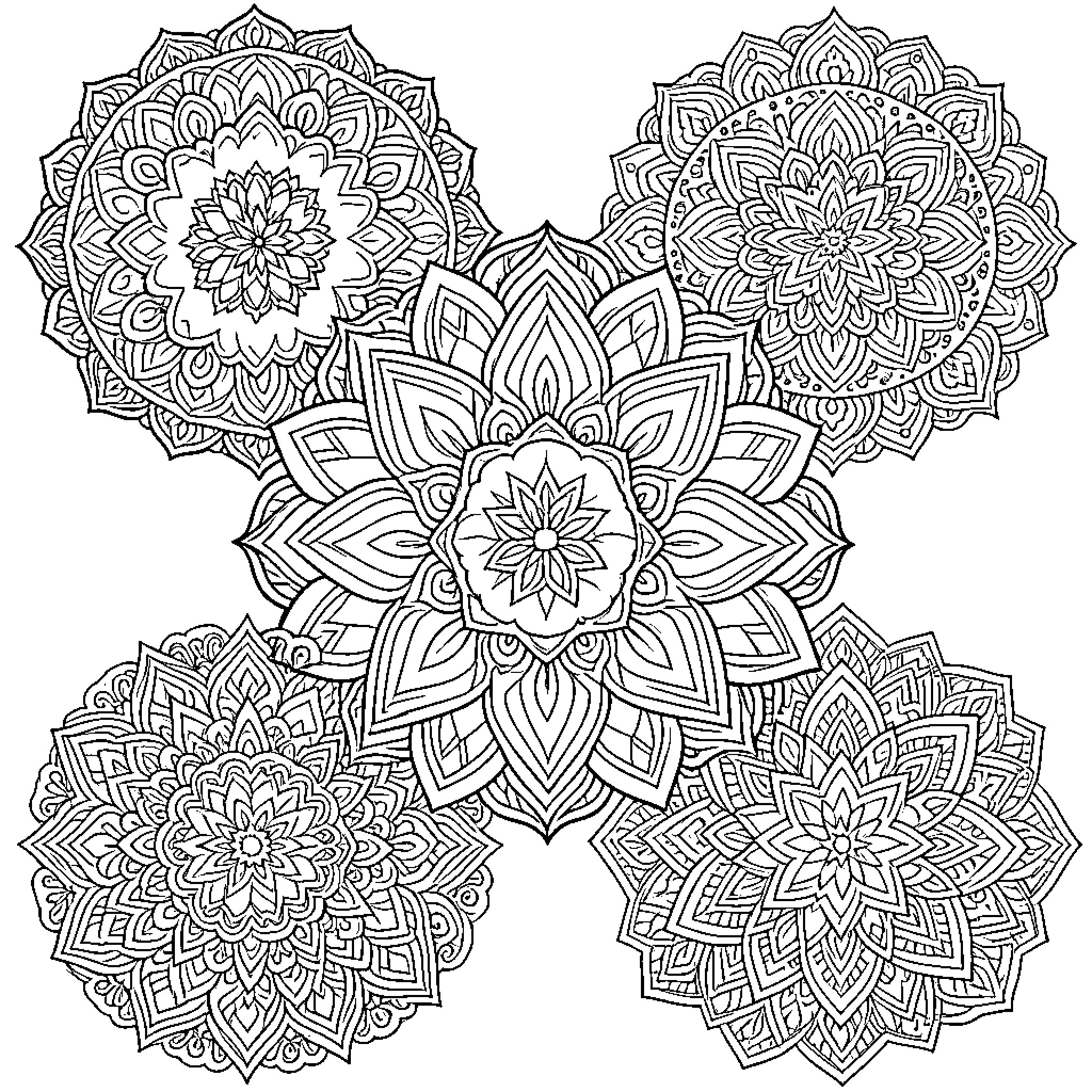 Mandalas of intricate floral patterns Coloring Page (free black-and-white line drawing printable PDF for all, from beginners to advanced learners, including children, teens, adults, and seniors)