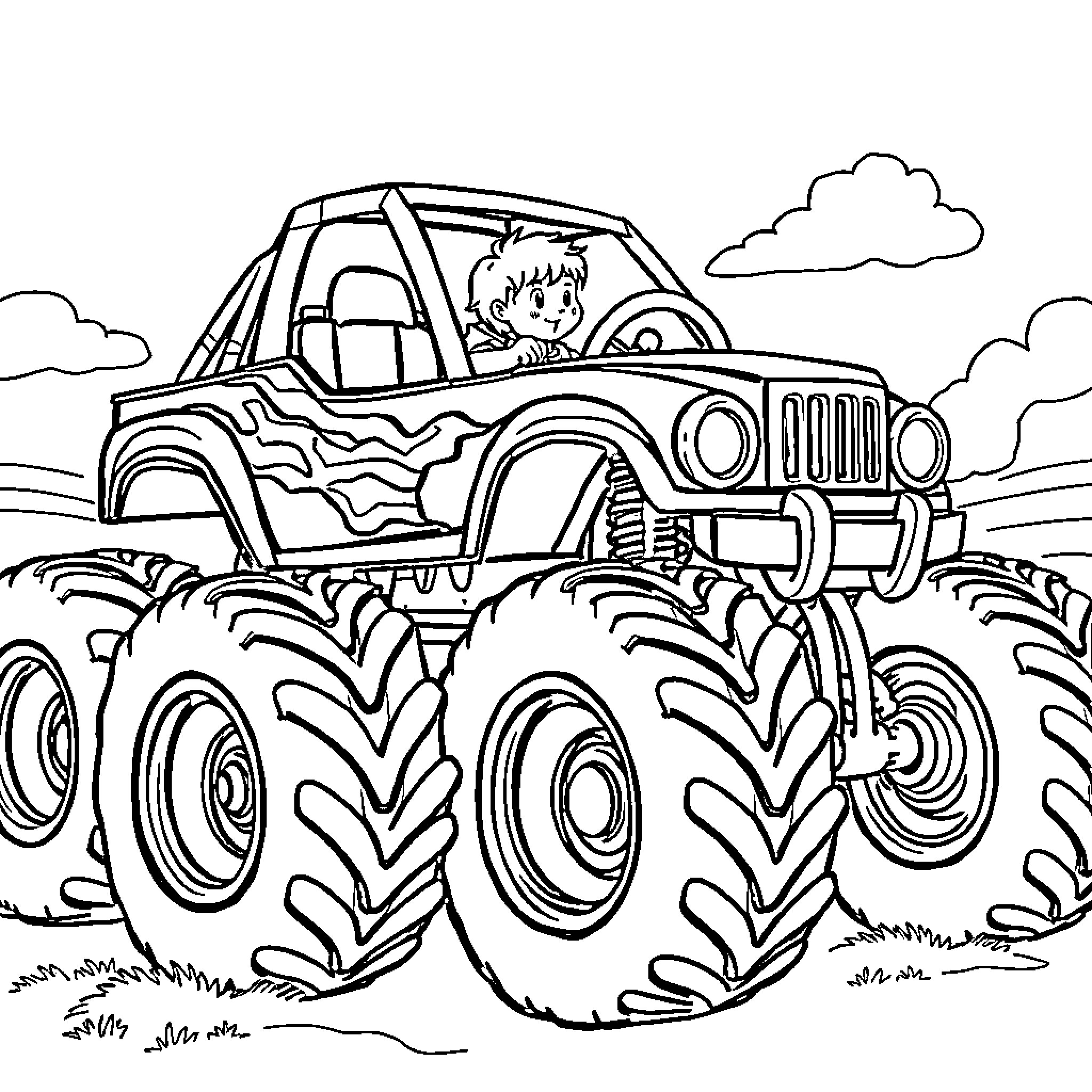 Boy driving a monster truck through the countryside Coloring Page (free black-and-white line drawing printable PDF for all, from beginners to advanced learners, including children, teens, adults, and seniors)