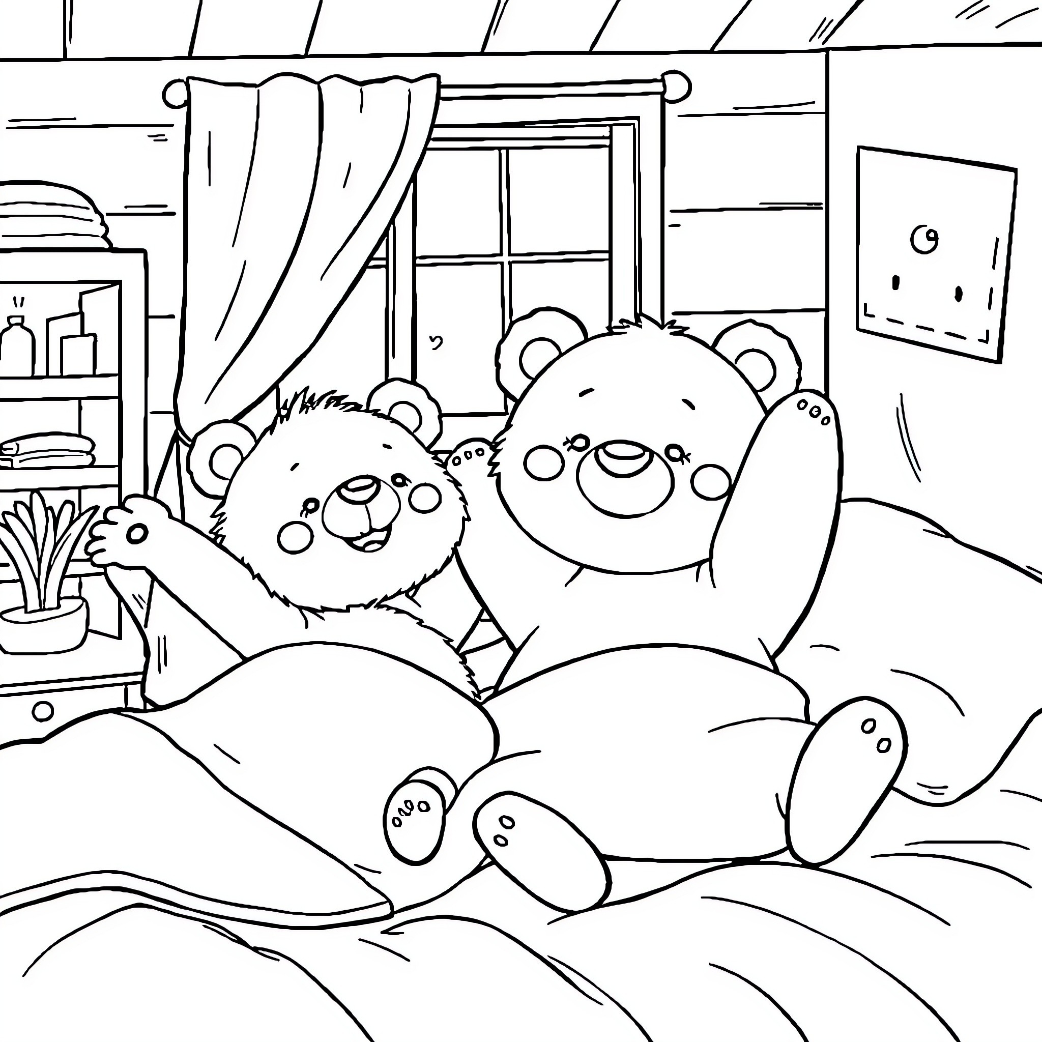 Bear siblings relaxing together in cozy bedroom Coloring Page (free black-and-white line drawing printable PDF for all, from beginners to advanced learners, including children, teens, adults, and seniors)