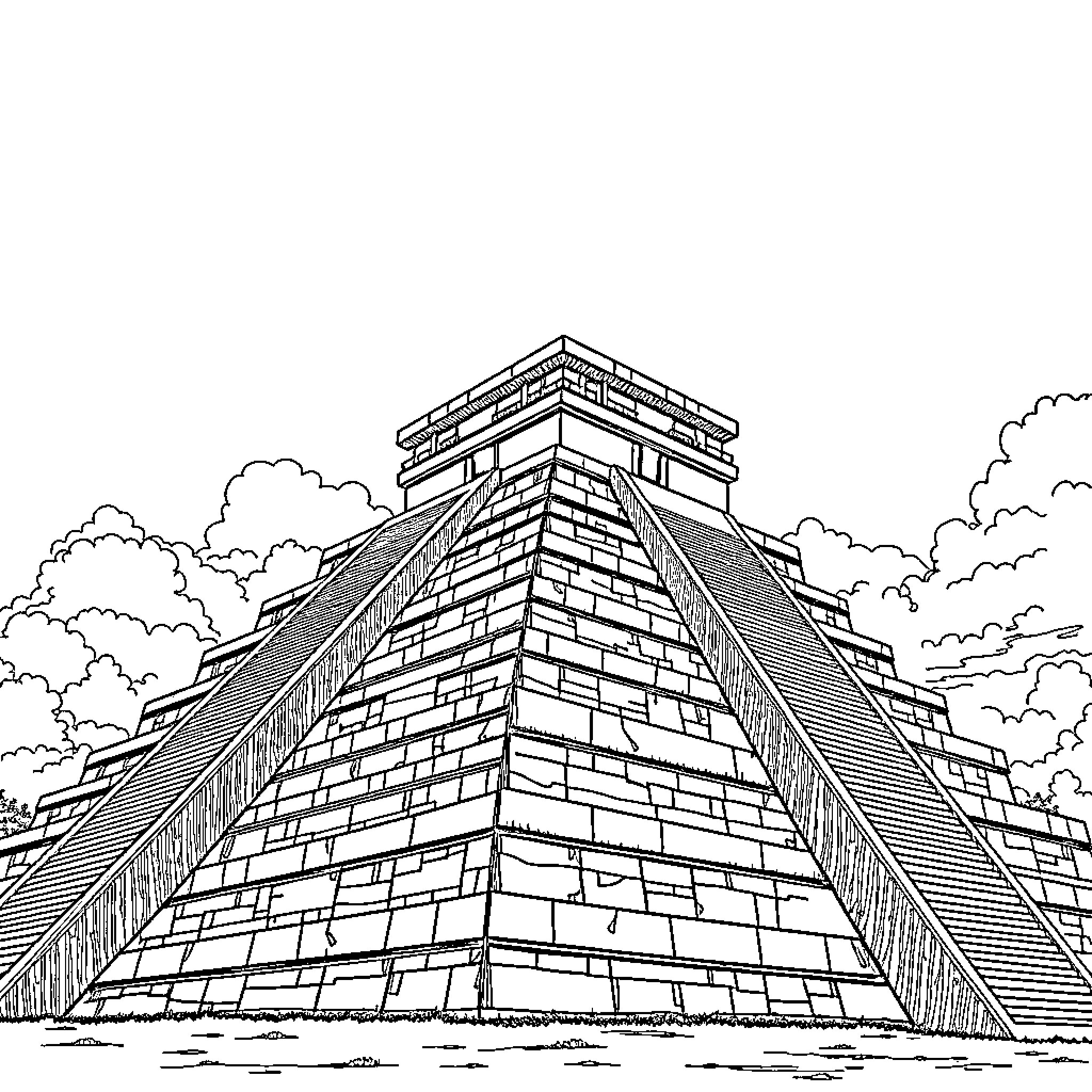 Pyramid temple with intricate architectural details Coloring Page (free black-and-white line drawing printable PDF for all, from beginners to advanced learners, including children, teens, adults, and seniors)