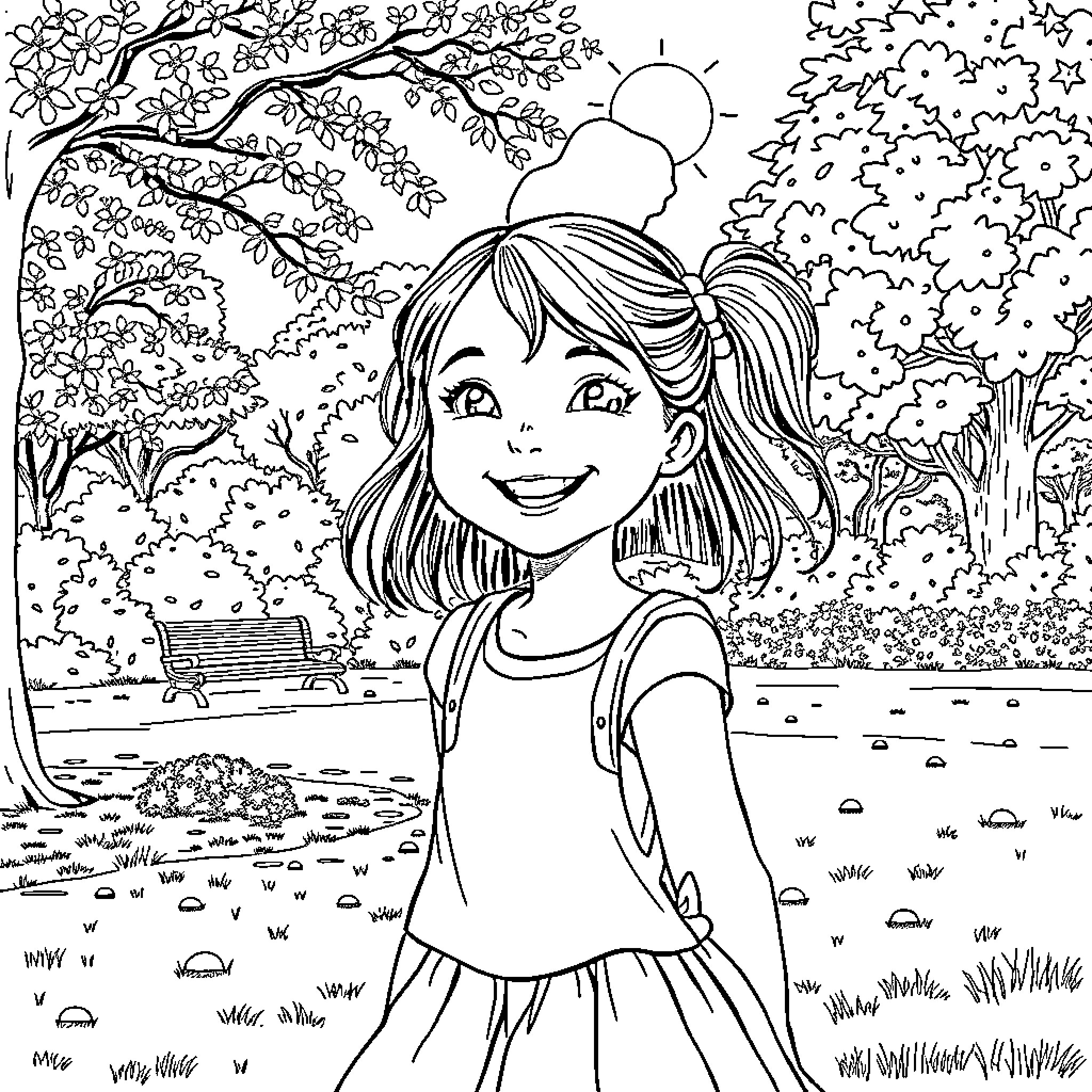 Girl enjoys a peaceful park scene Coloring Page (free black-and-white line drawing printable PDF for all, from beginners to advanced learners, including children, teens, adults, and seniors)