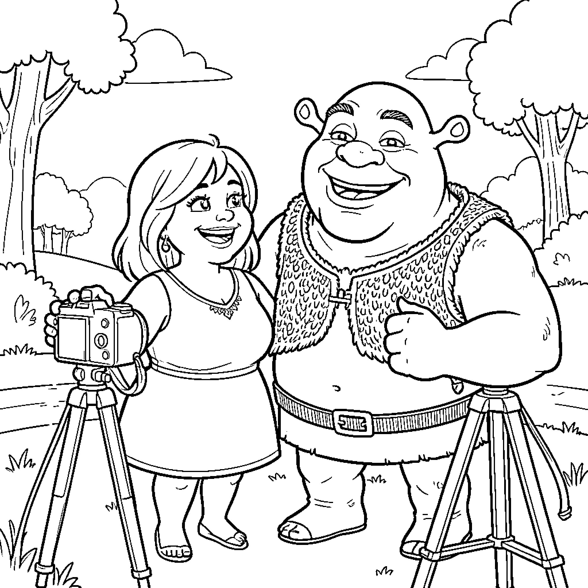 Fiona posing happily for a photograph with Shrek Coloring Page (free black-and-white line drawing printable PDF for all, from beginners to advanced learners, including children, teens, adults, and seniors)