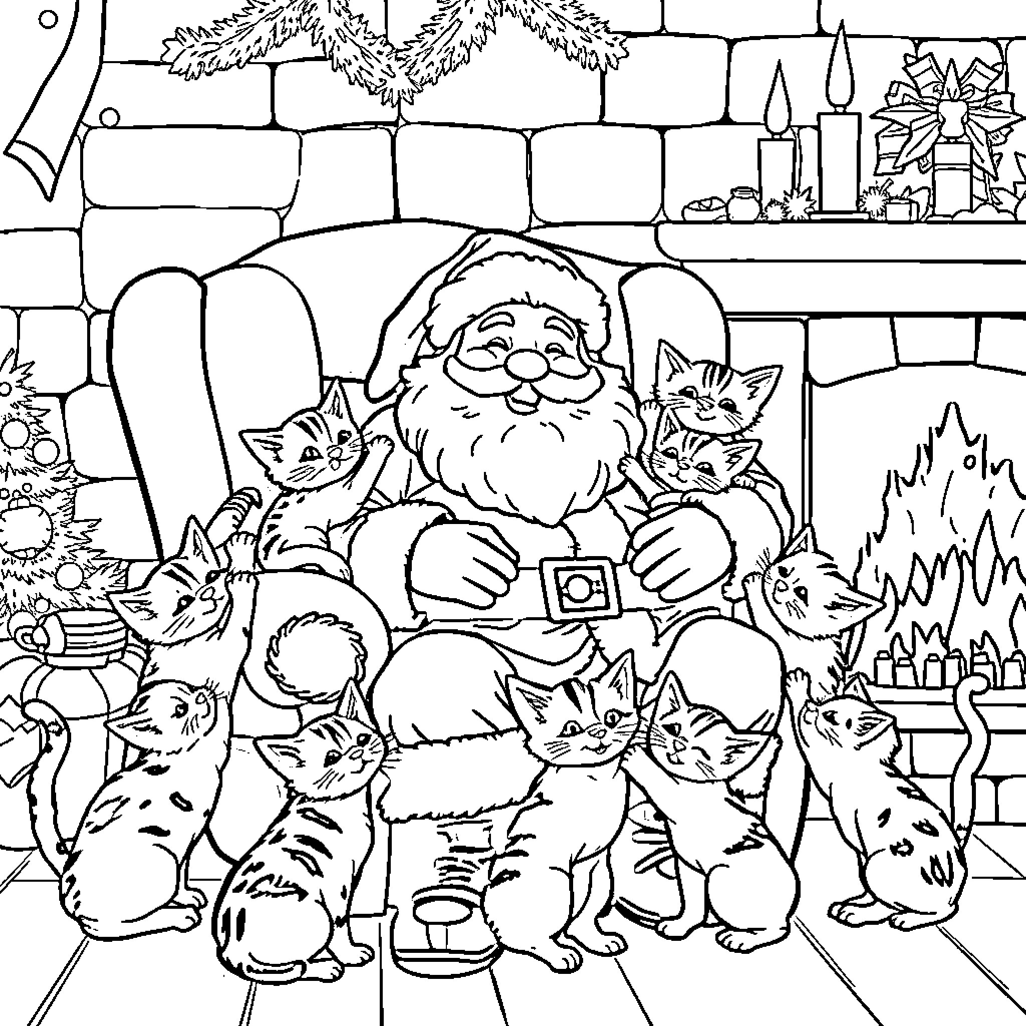 Santa surrounded by playful kittens in cozy cottage Coloring Page (free black-and-white line drawing printable PDF for all, from beginners to advanced learners, including children, teens, adults, and seniors)