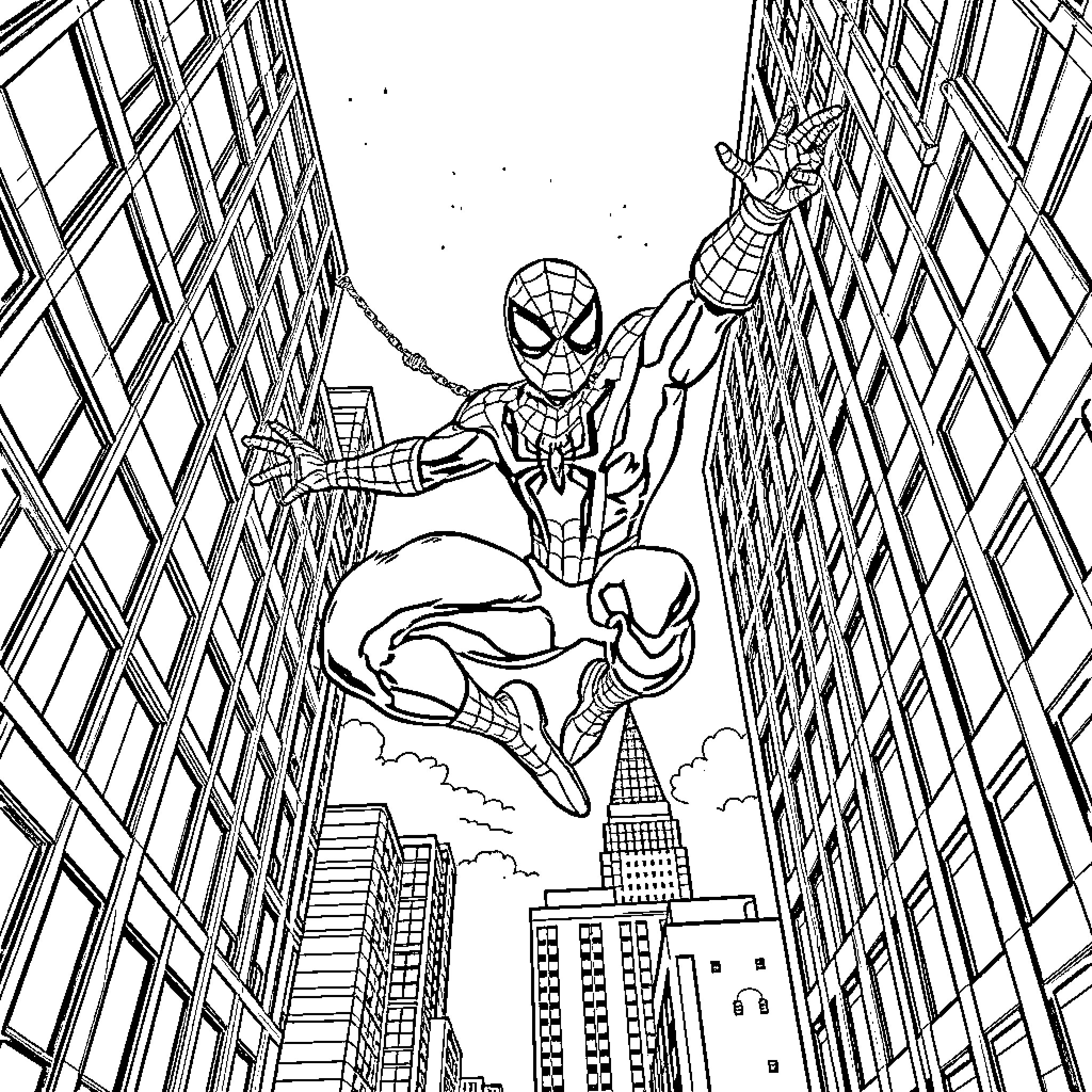 Spiderman swinging through the city skyscrapers Coloring Page (free black-and-white line drawing printable PDF for all, from beginners to advanced learners, including children, teens, adults, and seniors)