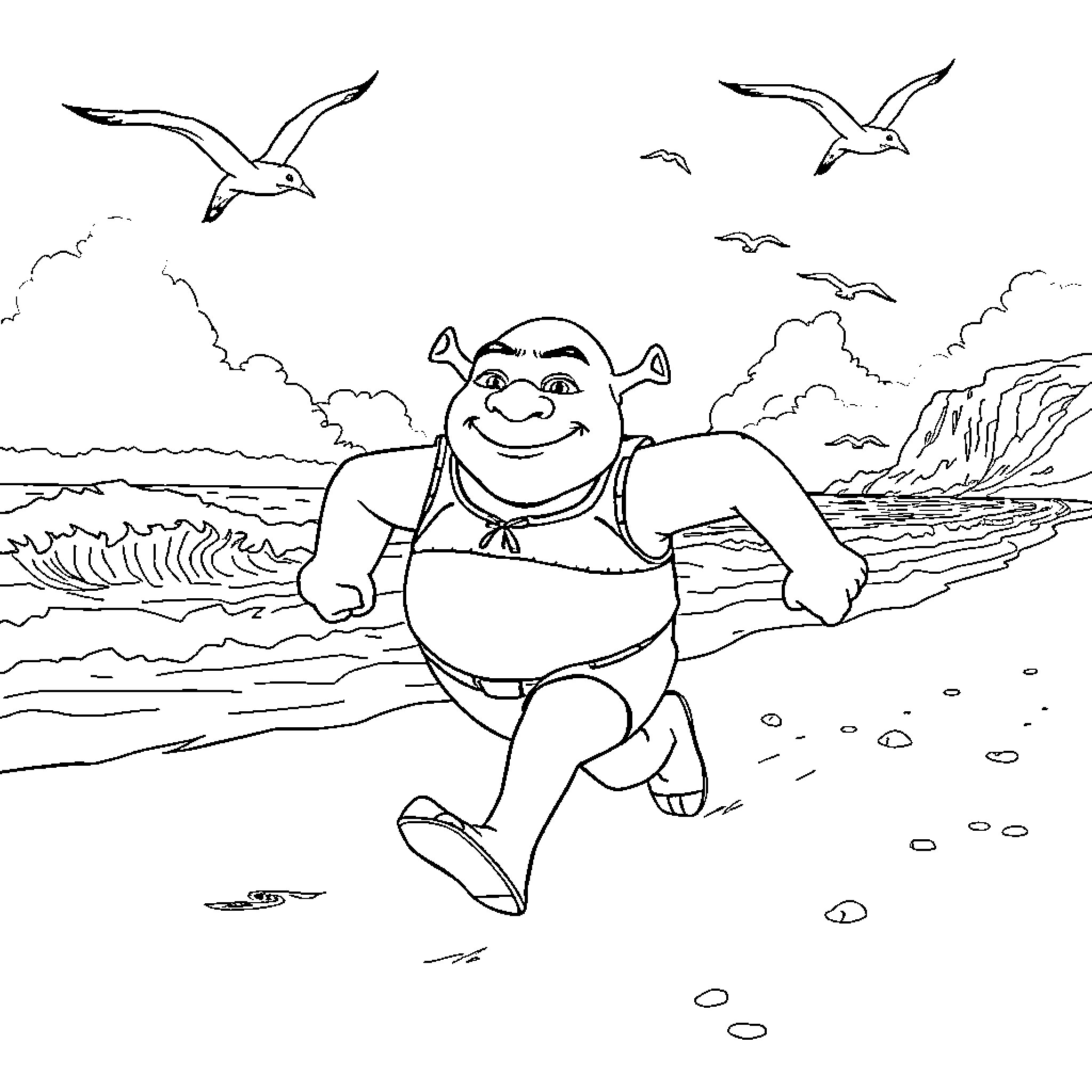 Shrek enjoying a beach day with seagulls Coloring Page (free black-and-white line drawing printable PDF for all, from beginners to advanced learners, including children, teens, adults, and seniors)