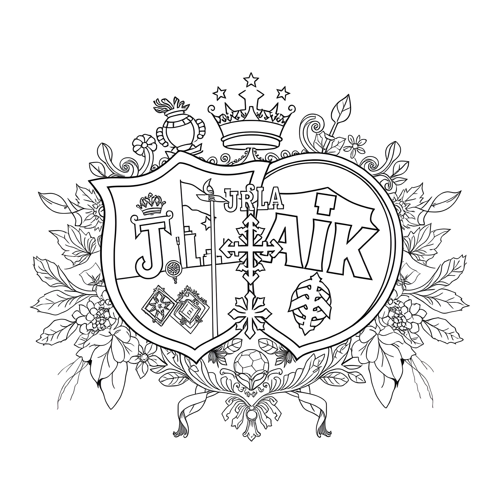 Club Logo with Floral Embellishments Coloring Page (free black-and-white line drawing printable PDF for all, from beginners to advanced learners, including children, teens, adults, and seniors)