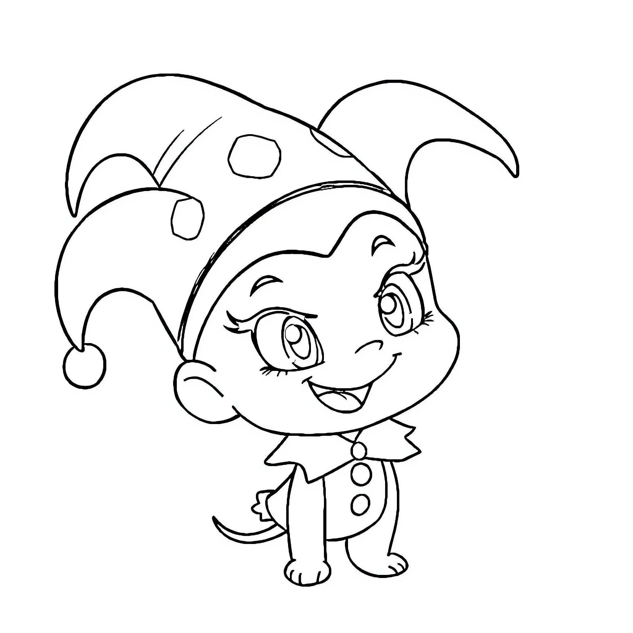 Kuromi happily posing in a jester costume Coloring Page (free black-and-white line drawing printable PDF for all, from beginners to advanced learners, including children, teens, adults, and seniors)