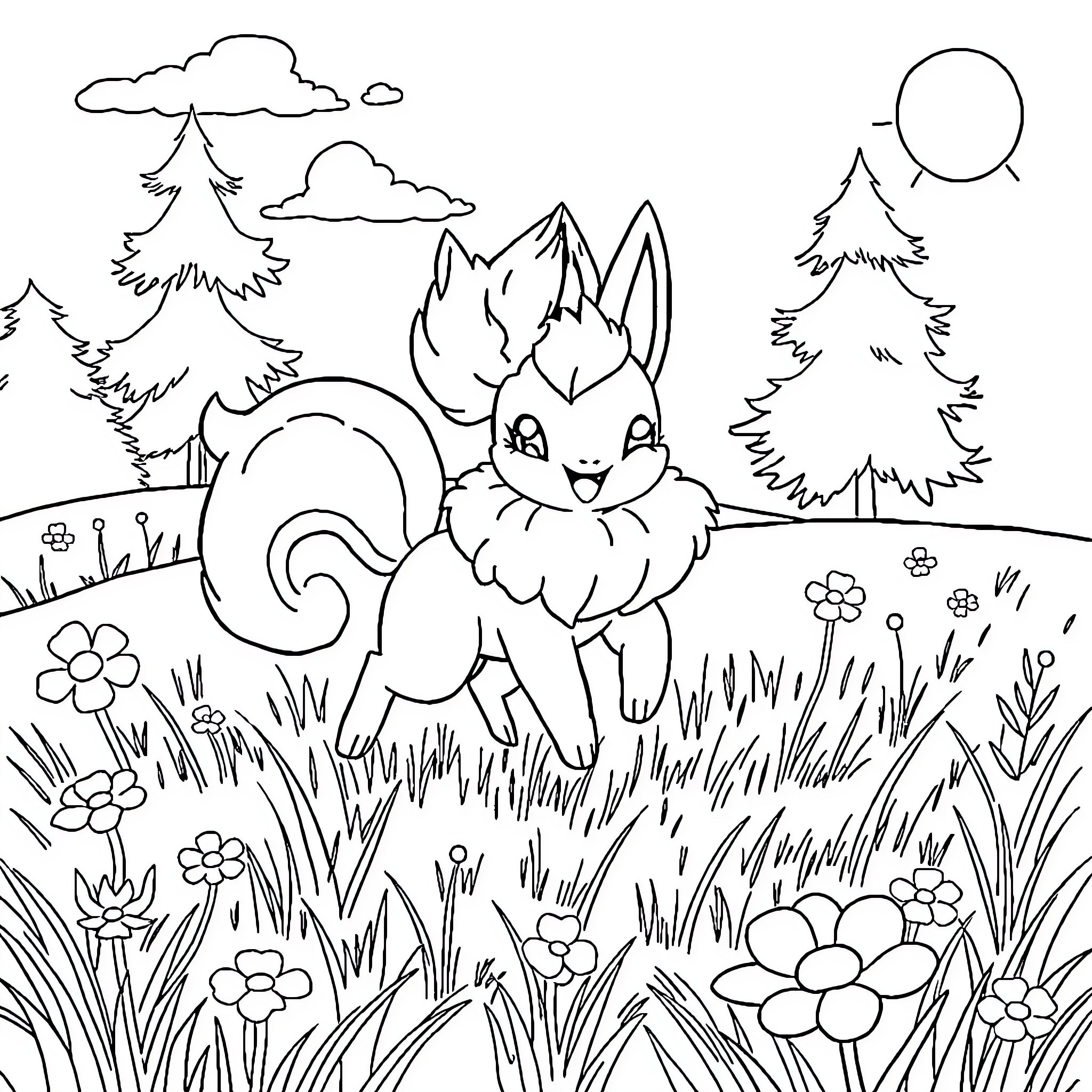 Volpix enjoying a day in the forest Coloring Page (free black-and-white line drawing printable PDF for all, from beginners to advanced learners, including children, teens, adults, and seniors)