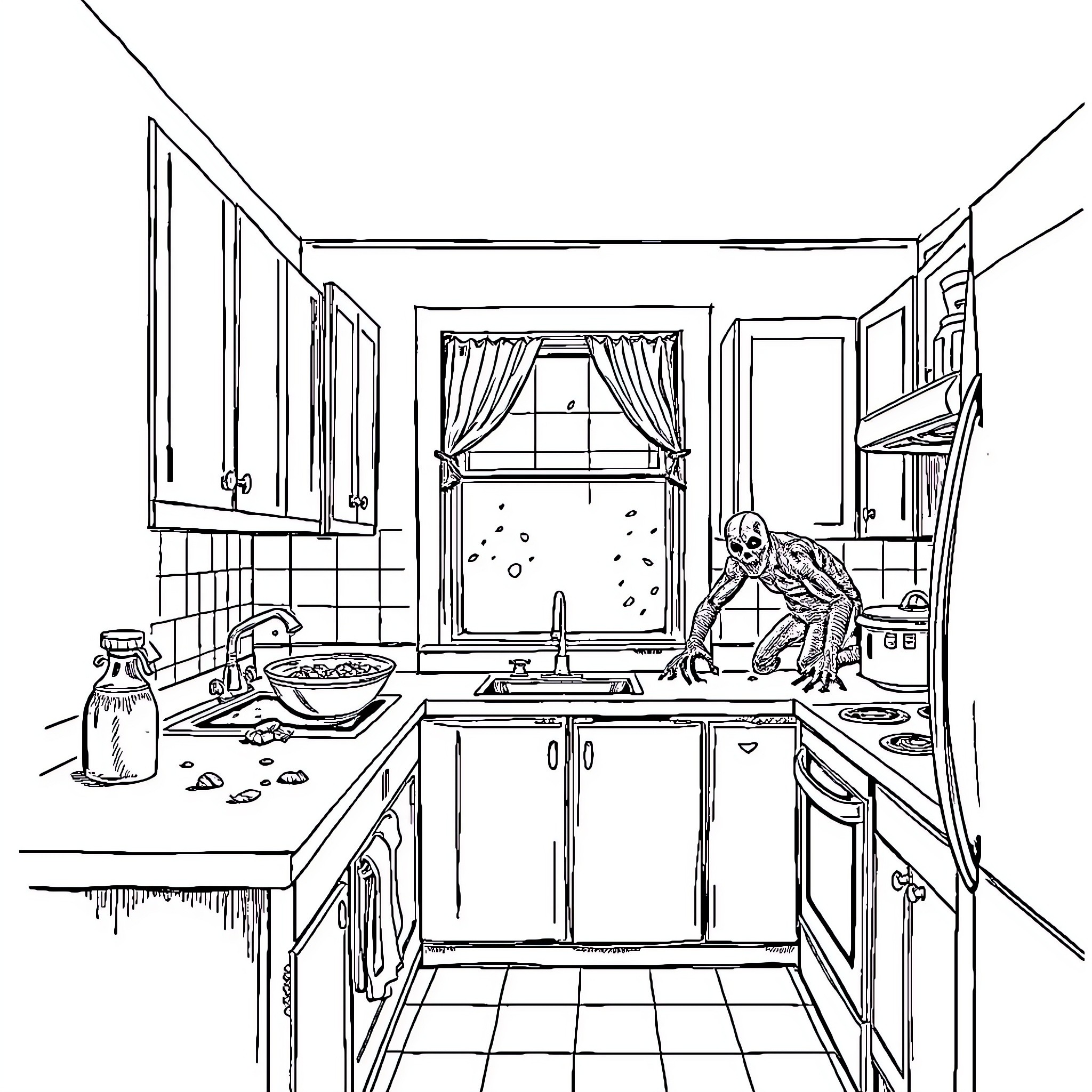 Kitchen scene with a mischievous character Coloring Page (free black-and-white line drawing printable PDF for all, from beginners to advanced learners, including children, teens, adults, and seniors)