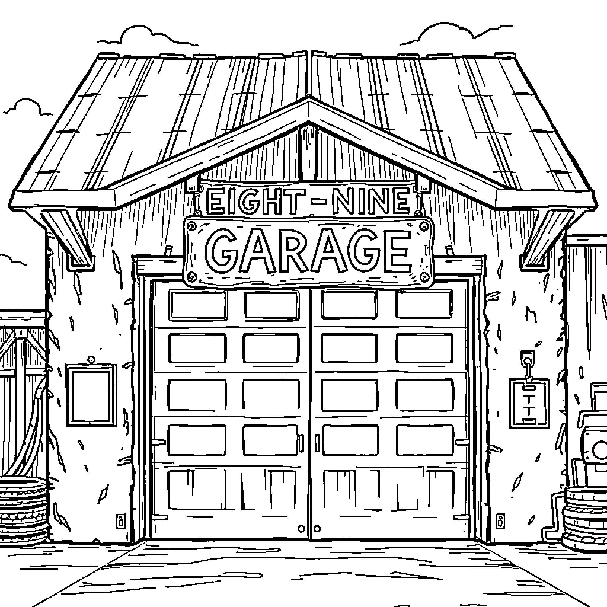 Garage with Vintage Signage and Equipment Coloring Page (free black-and-white line drawing printable PDF for all, from beginners to advanced learners, including children, teens, adults, and seniors)