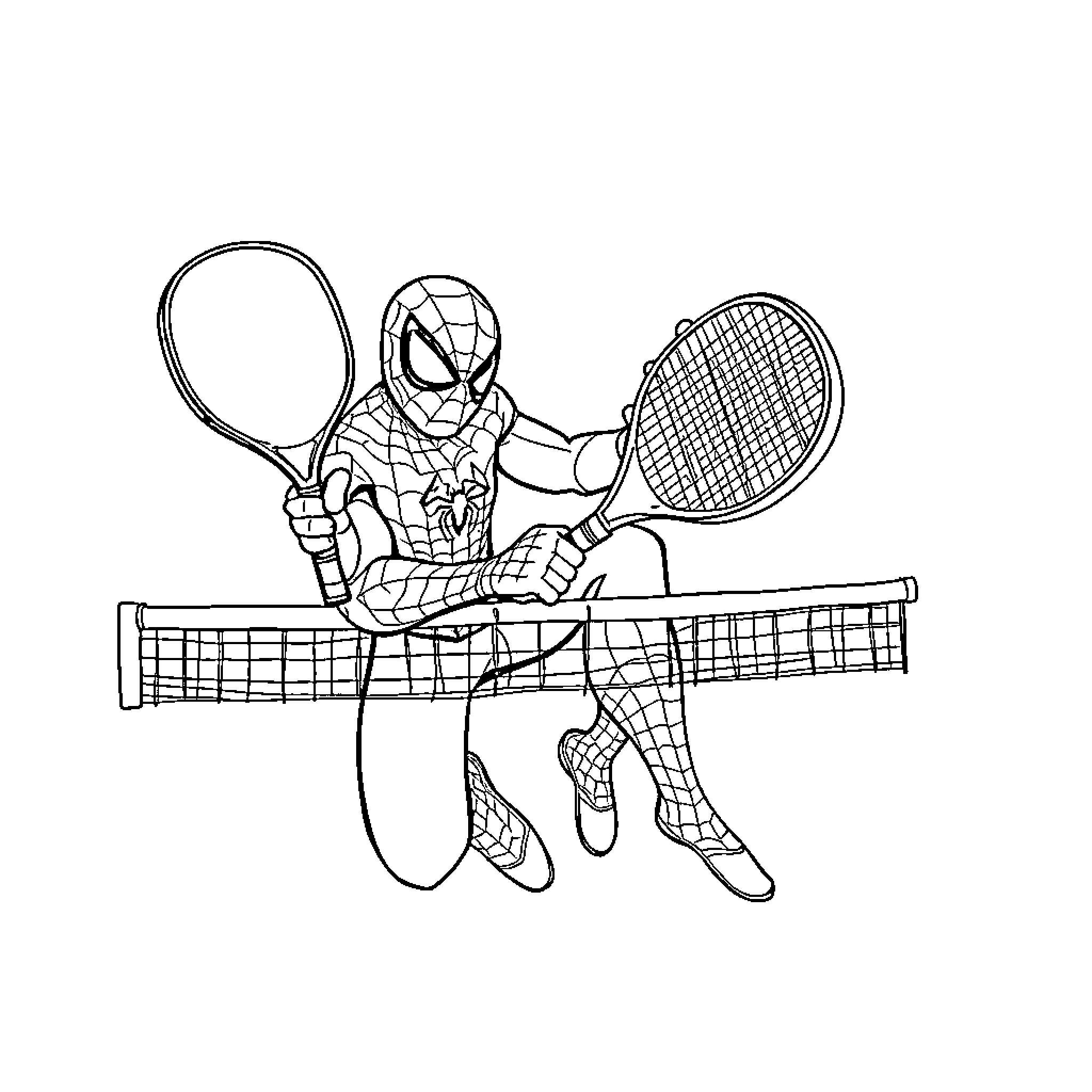 Spiderman playing tennis on court Coloring Page (free black-and-white line drawing printable PDF for all, from beginners to advanced learners, including children, teens, adults, and seniors)