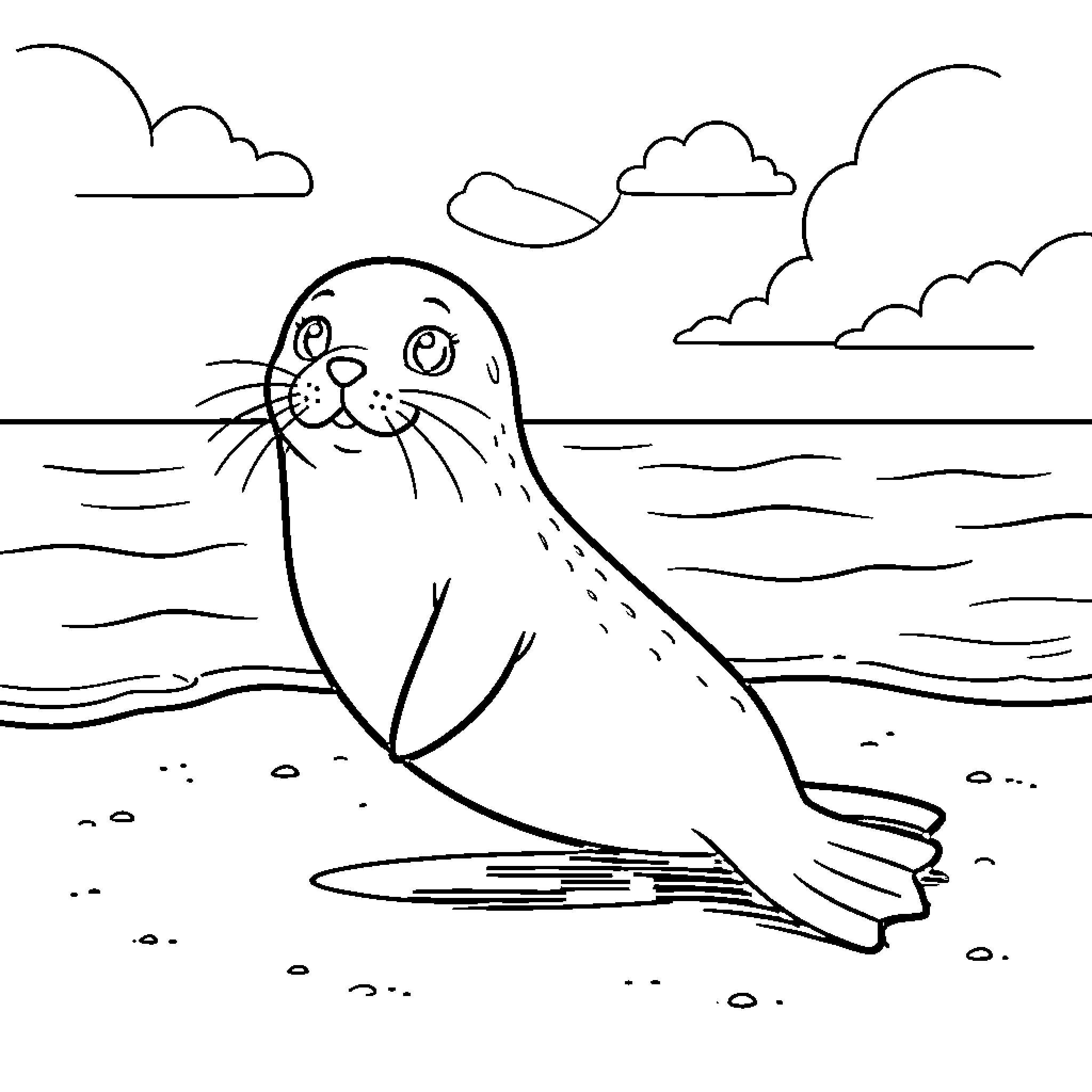 Seal looking up curiously on a sandy beach Coloring Page (free black-and-white line drawing printable PDF for all, from beginners to advanced learners, including children, teens, adults, and seniors)