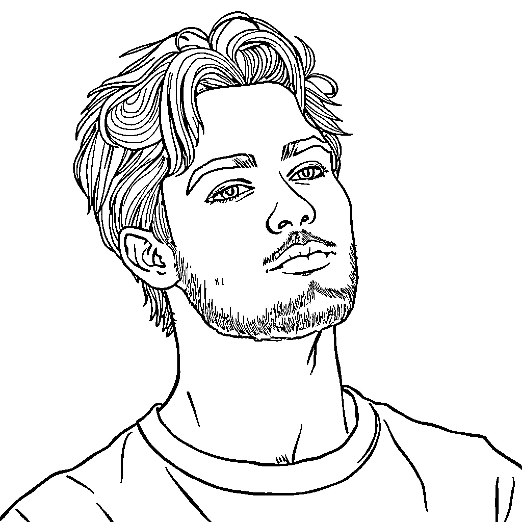 Self Portrait of a Man with Expressive Features Coloring Page (free black-and-white line drawing printable PDF for all, from beginners to advanced learners, including children, teens, adults, and seniors)