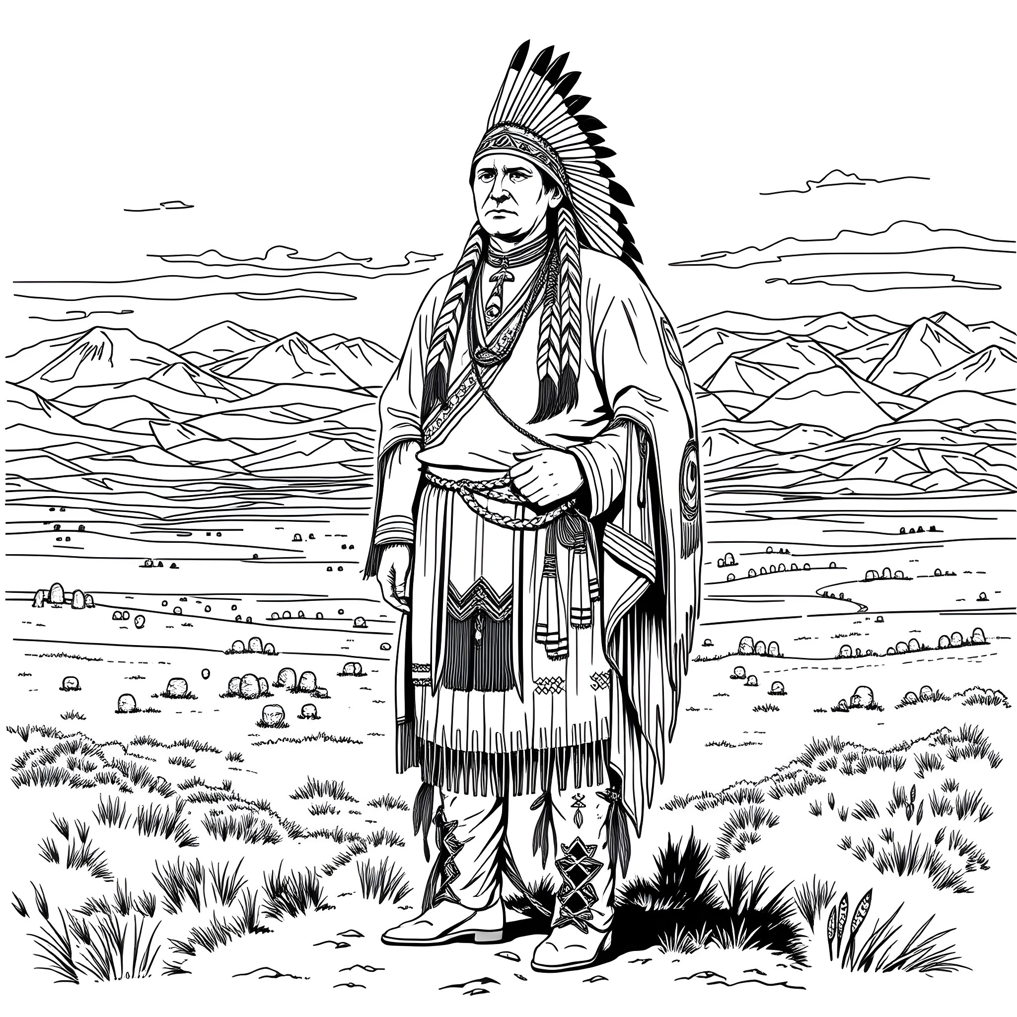 Quanah Parker in Traditional Native American Attire Coloring Page (free black-and-white line drawing printable PDF for all, from beginners to advanced learners, including children, teens, adults, and seniors)