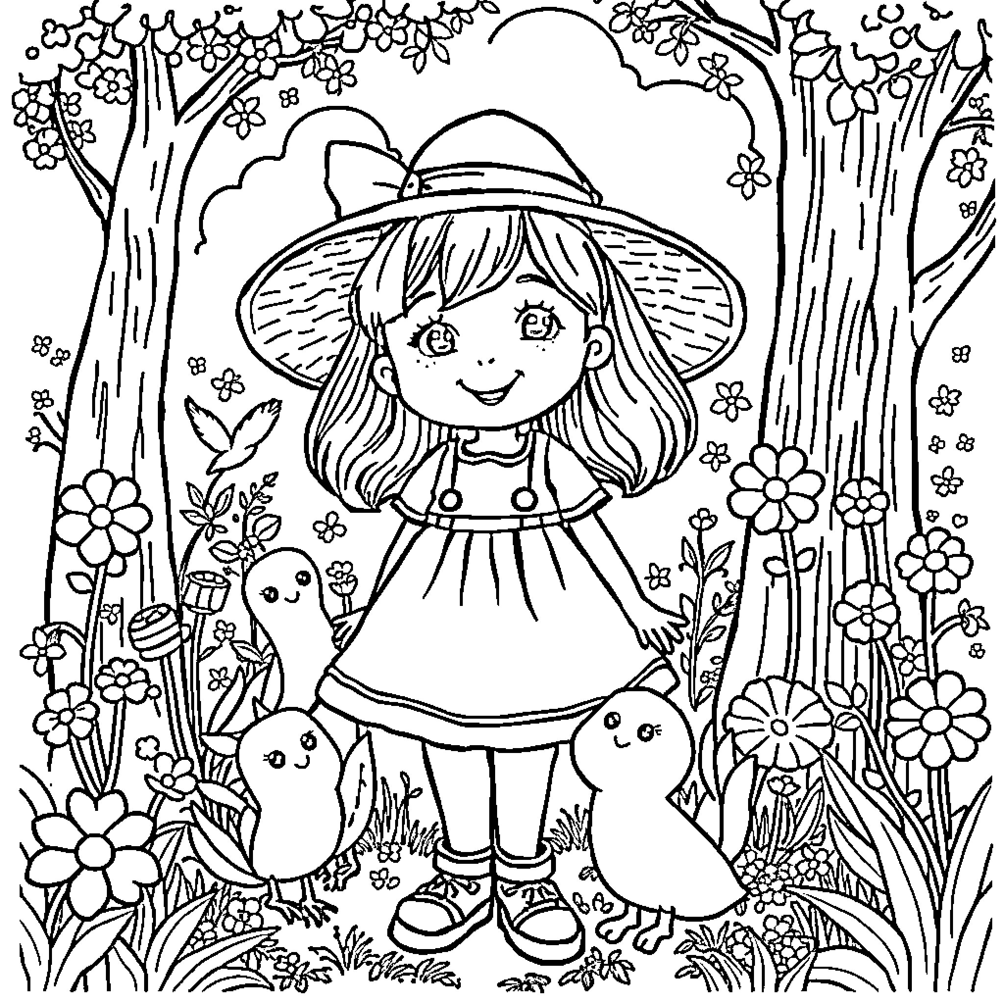Holly's Floral Adventure with Cute Critters Coloring Page (free black-and-white line drawing printable PDF for all, from beginners to advanced learners, including children, teens, adults, and seniors)